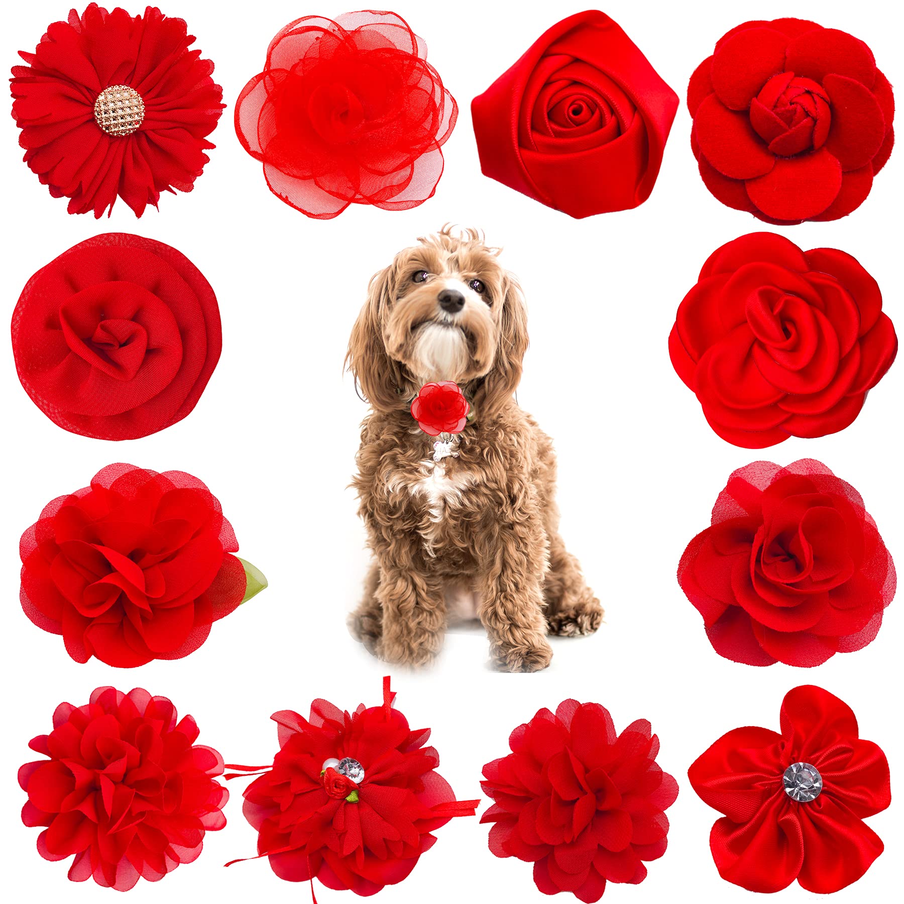 Pet Show 12Pcs Red Dog Collar Bows And Flowers Attachment For Girls Puppies Cats Female Small Medium Dogs Collars Embellishment 