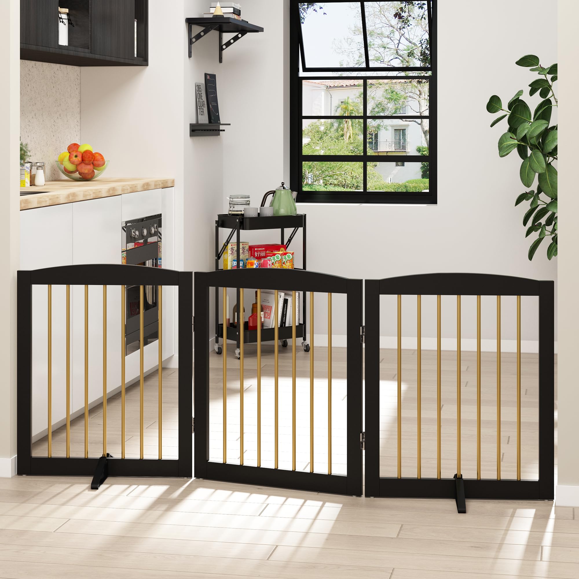 PUPETPO Freestanding Pet Gate - Foldable Wooden Dog Gate, 24" Height, 3 Panels, Black & Gold, Model BG3-24, Indoor Safety Fence