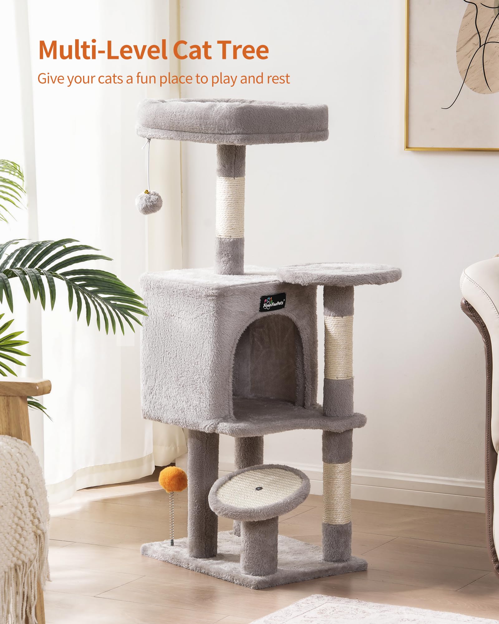 Fourfurpets Cat Tree, 39.4-Inch Cat Tower For Indoor Cats, Small Cat Tower With Scratching Post, Multi-Level Cat Condo With Wide
