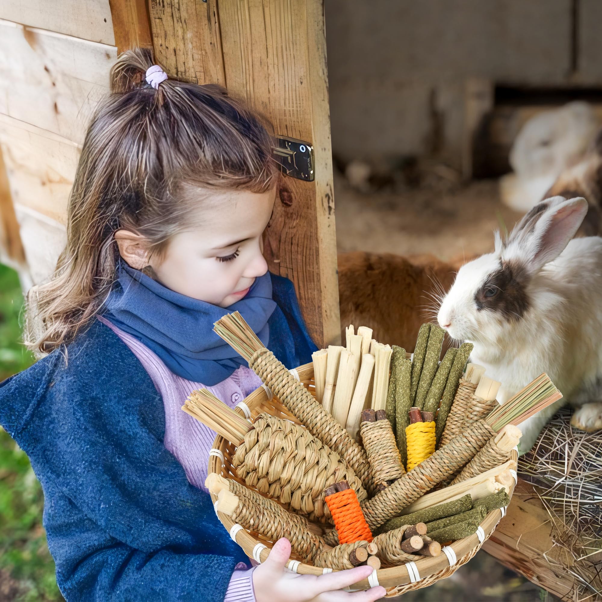 Wookiwuki Rabbit Toys 33Pcs, Natural Hay Hamster Chew Toys For Teeth, Handmade Dried Sweet Teething Grass Sticks Watercress Carr
