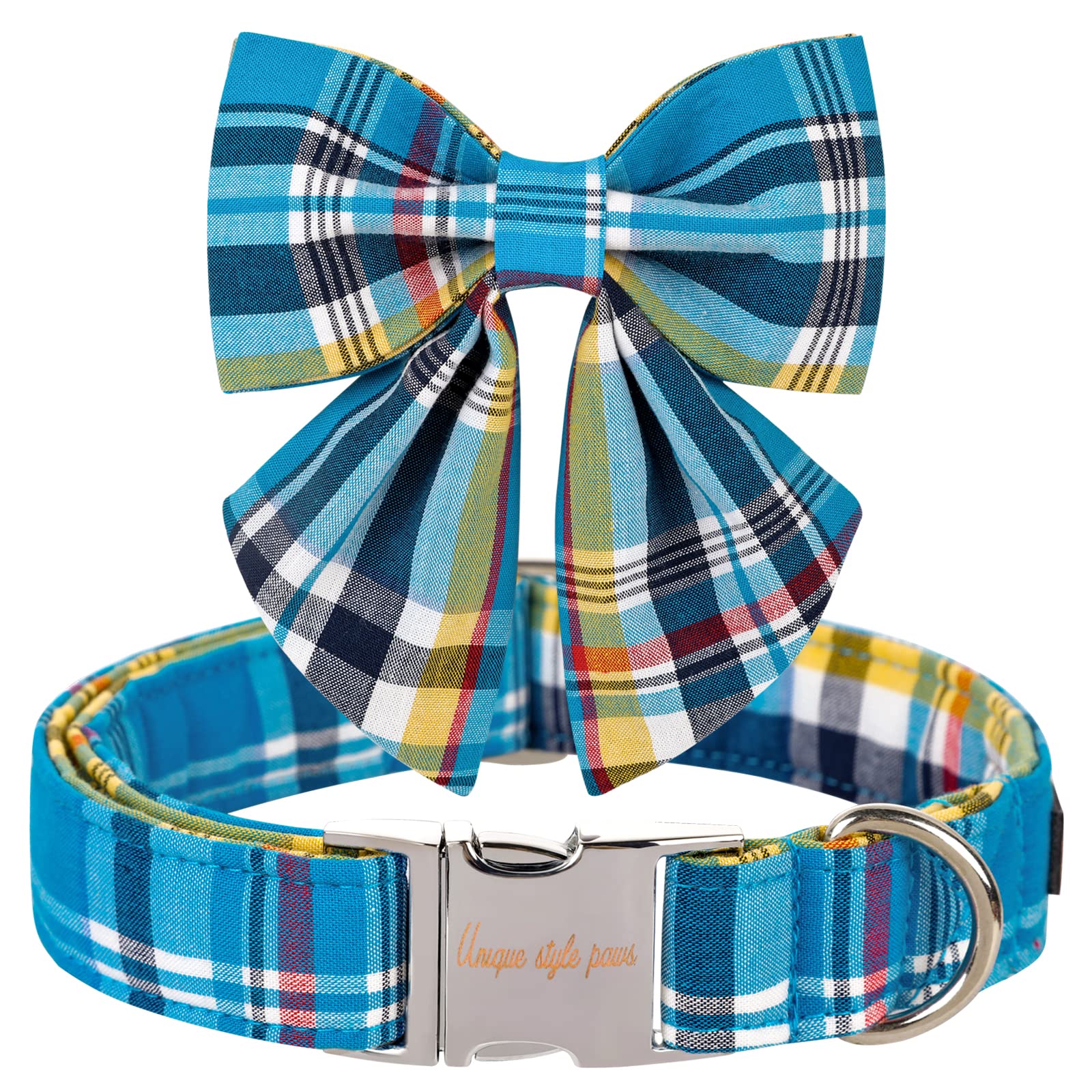 Unique Style Paws Blue Plaid Dog Collar With Bow Cute Puppy Collar For Small Medium Large Dogs As Autumn Winter Pet Gifts-L