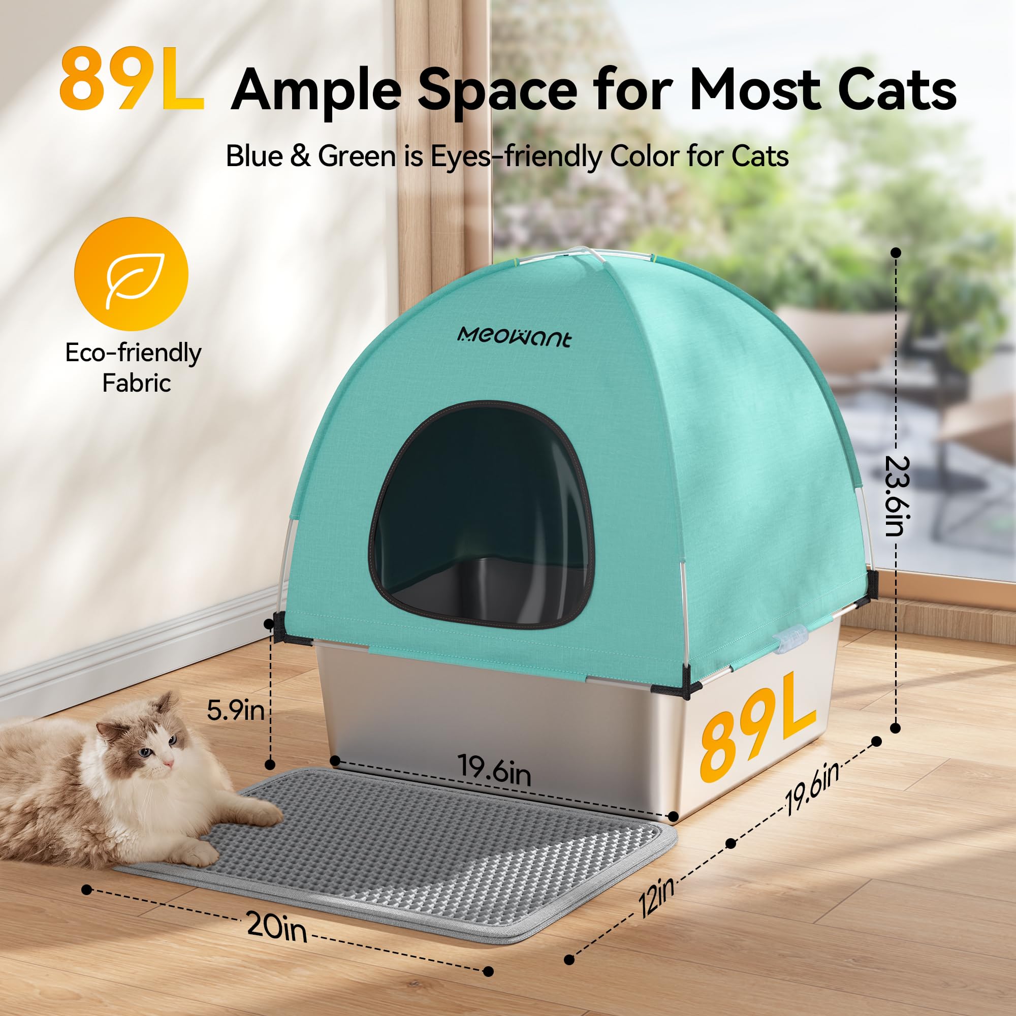 Meowant Stainless Steel Cat Litter Box with Lid, Extra Large Square 3-in-1 Enclosed Metal Litter Box with High-Sided Oxford Fabr