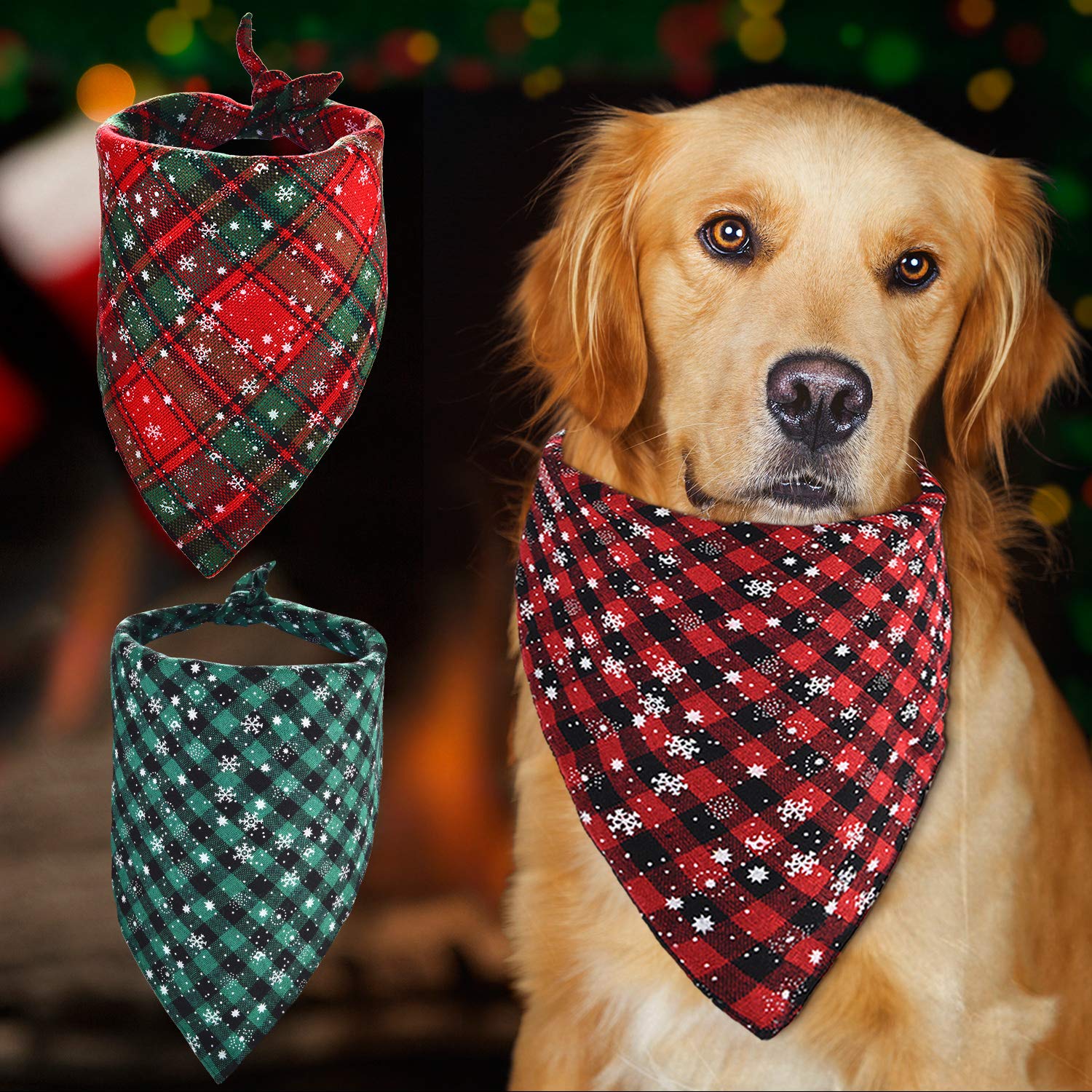 Syhood 3 Pieces Christmas Pet Bandanas Red Green Buffalo Plaid Snowflake Dog Bandanas Pet Bibs Triangle Scarf Accessories Adjustable Kerchief For Christmas Pet Costume