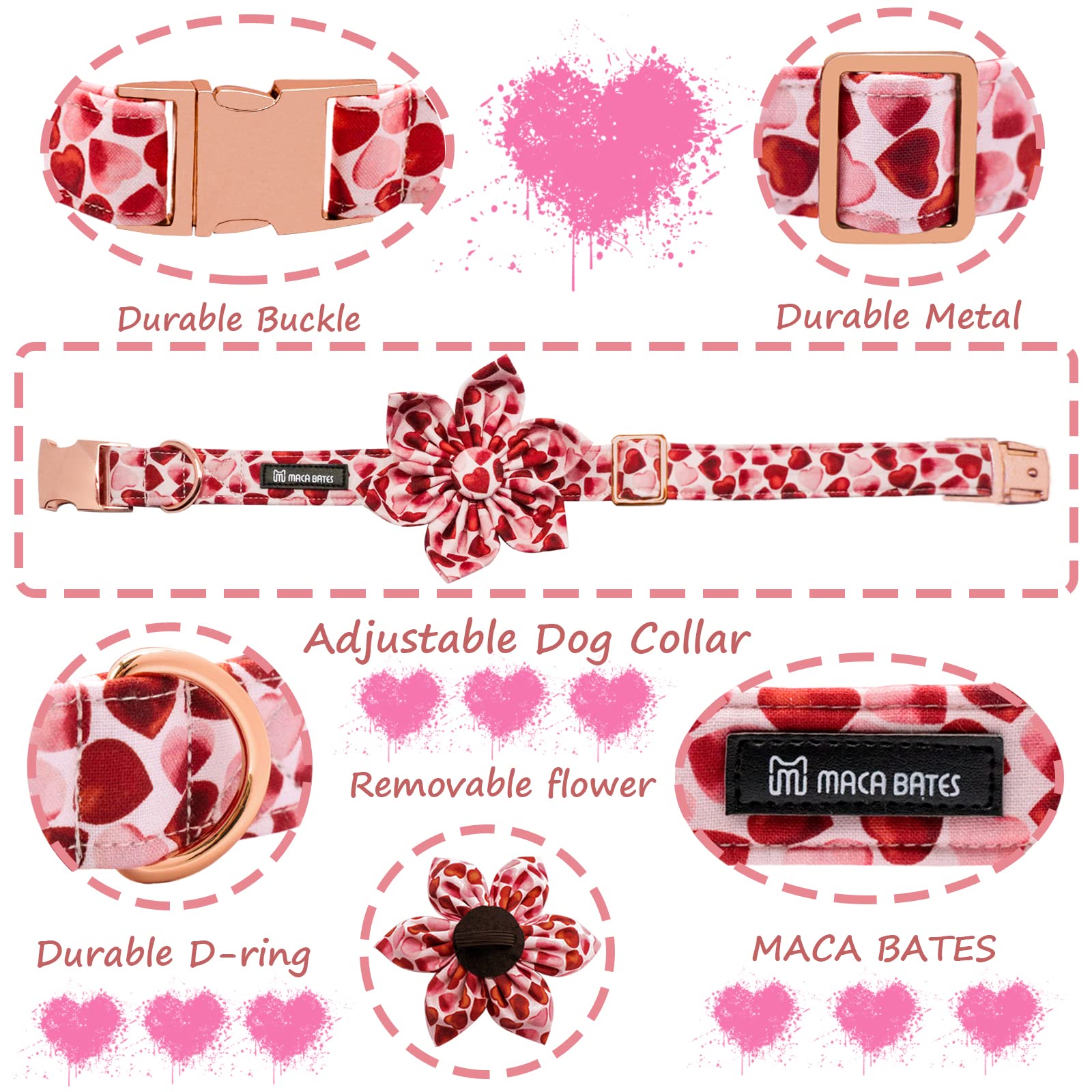 Maca Bates Valentine? Day Dog Collar With Bow/Flower/Bow Tie, Sweet Heart Adjustable Collar For Small Medium Large Dog With Metal Buckle