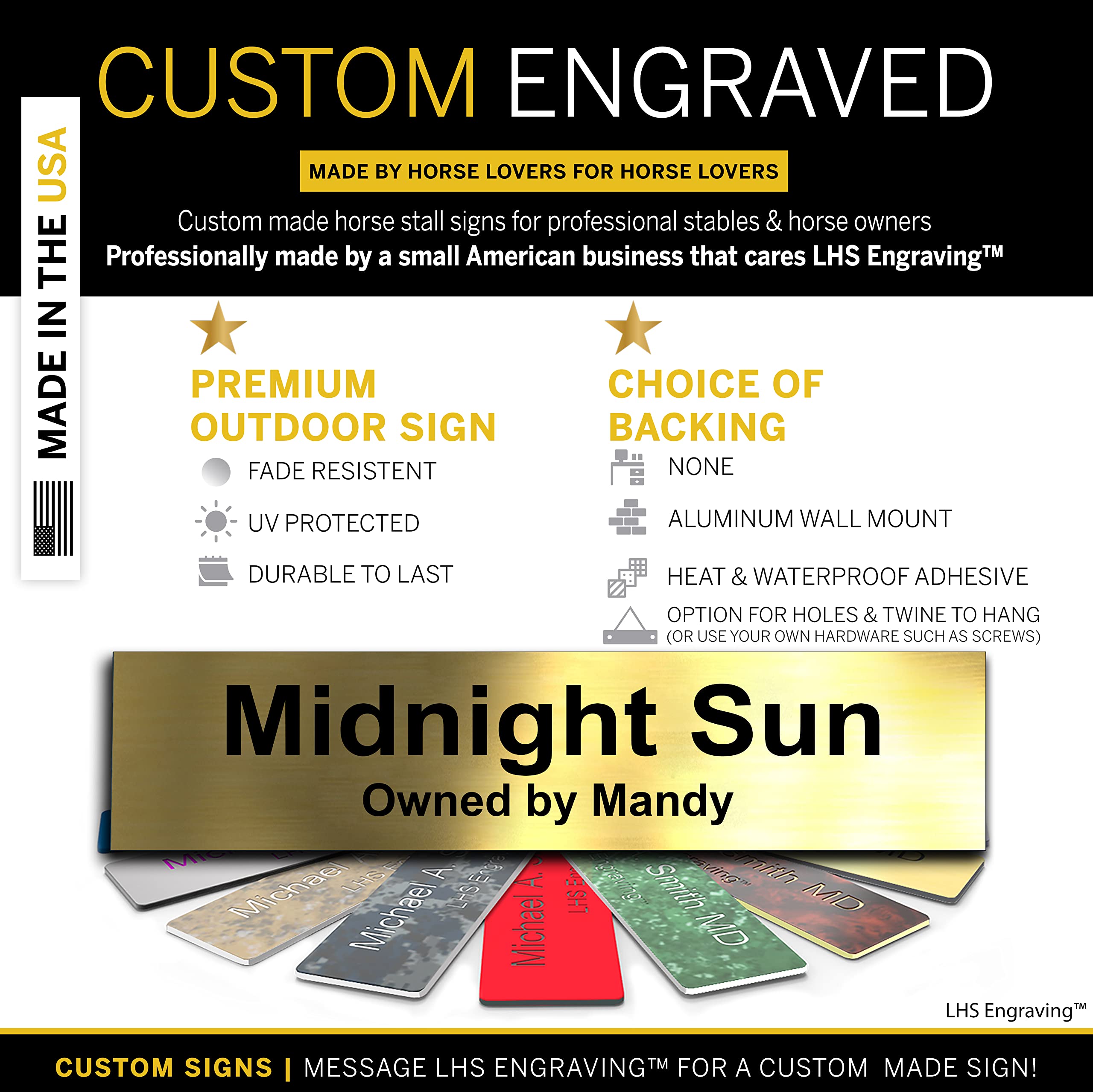 Lhs | Horse Stall Name Plate, 2X8 Personalized Stall Signs, Uv Protected, All Weather Adhesive, Hanging, Mounting Or Other, Brus