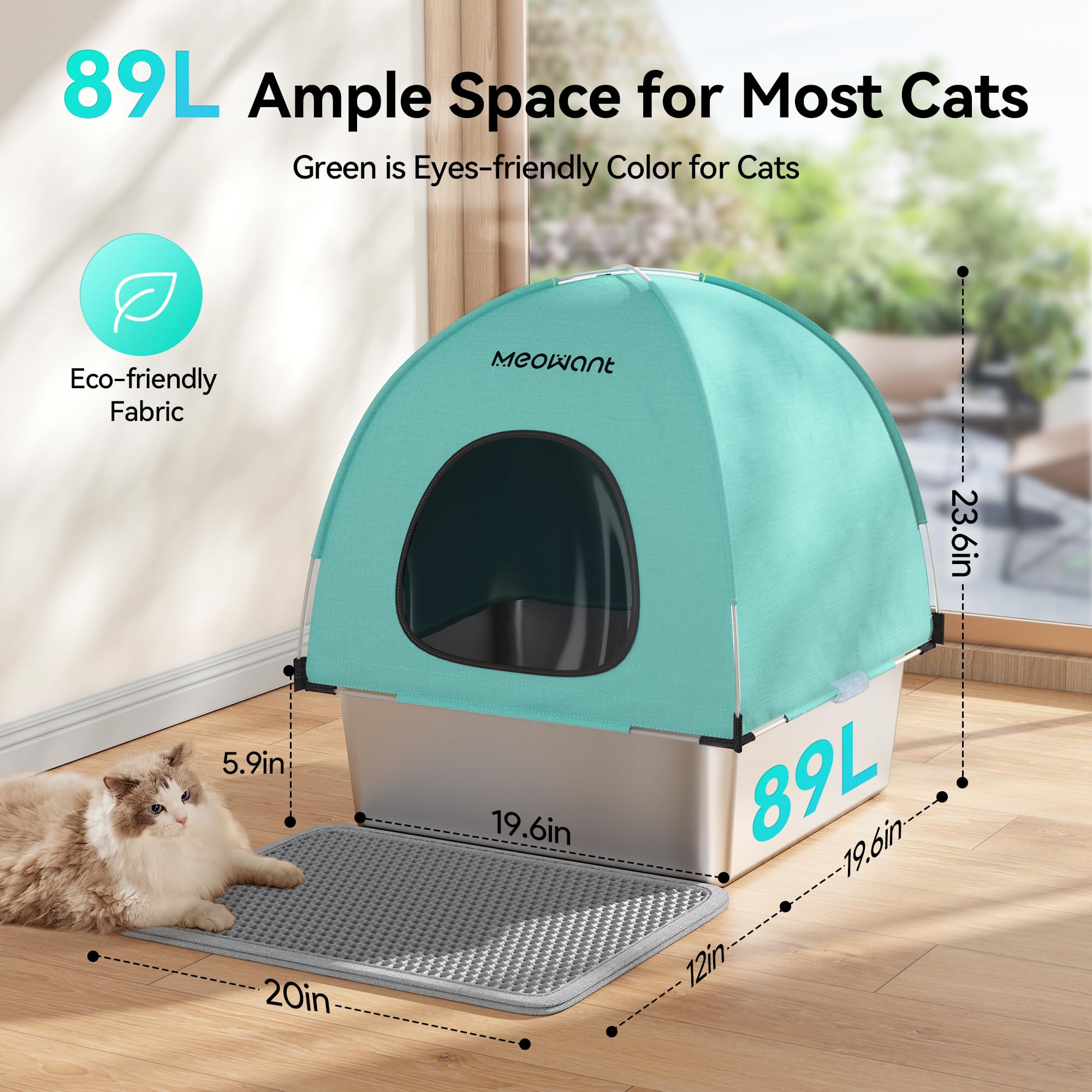 Extra Large 3-in-1 Enclosed Stainless Steel Cat Litter Box with Lid, High-Sided Oxford Cover, Metal Scoop, Odor Free, Leakproof