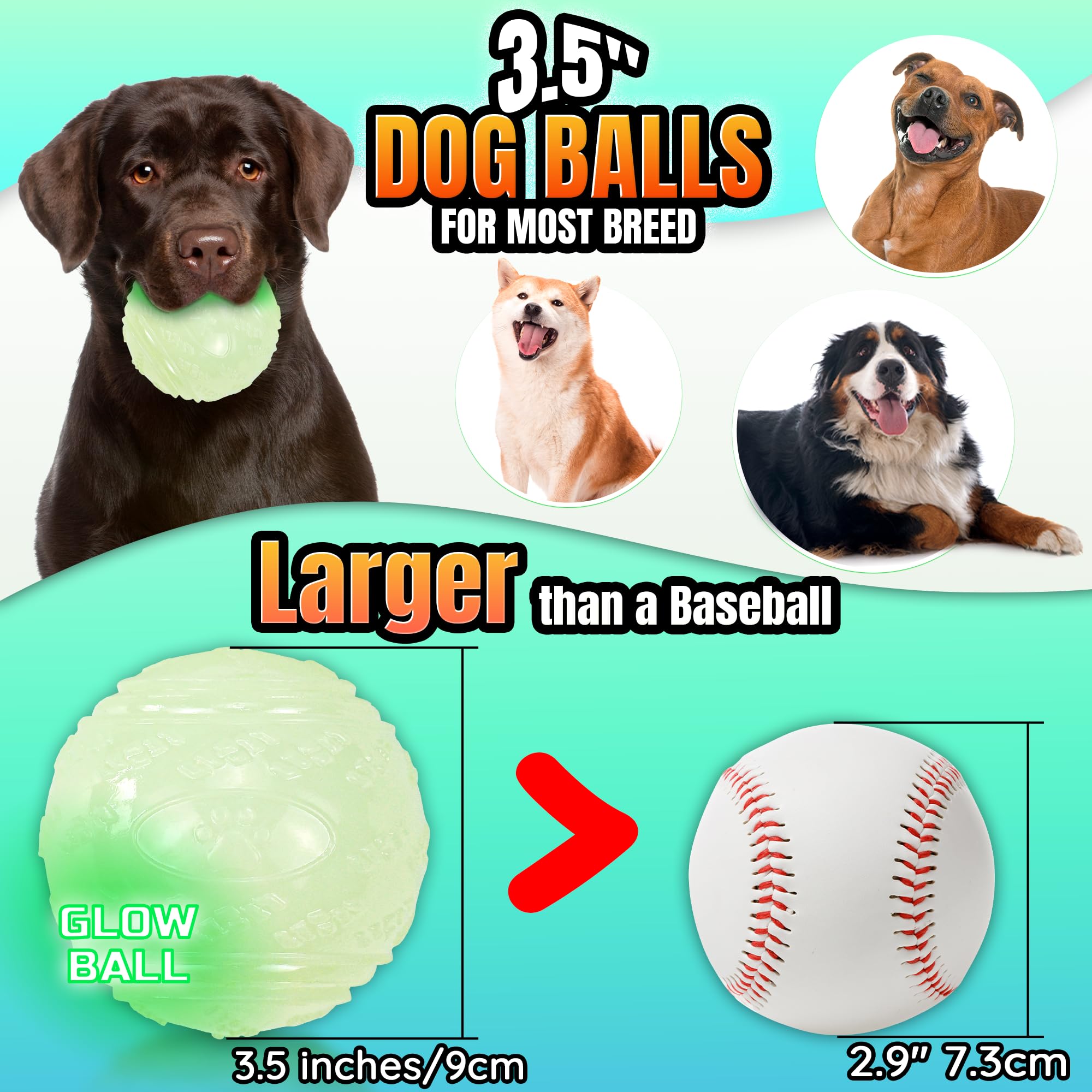 LECHONG Glow Squeaky Dog Balls - 4-Pack 3.5" Bouncy Rubber Fetch Balls for Medium & Large Dogs, Nighttime Play, M4-Glow