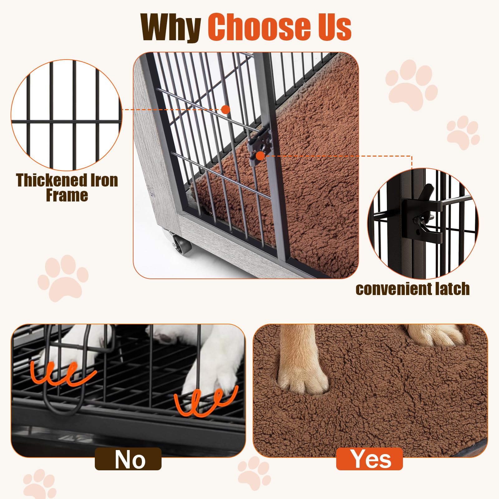 LEMBERI 32 Inch Dog Crate Furniture with Cushion, Double Doors Wooden Dog Kennel Cage Indoor with Wheels, Pet House Decorative S