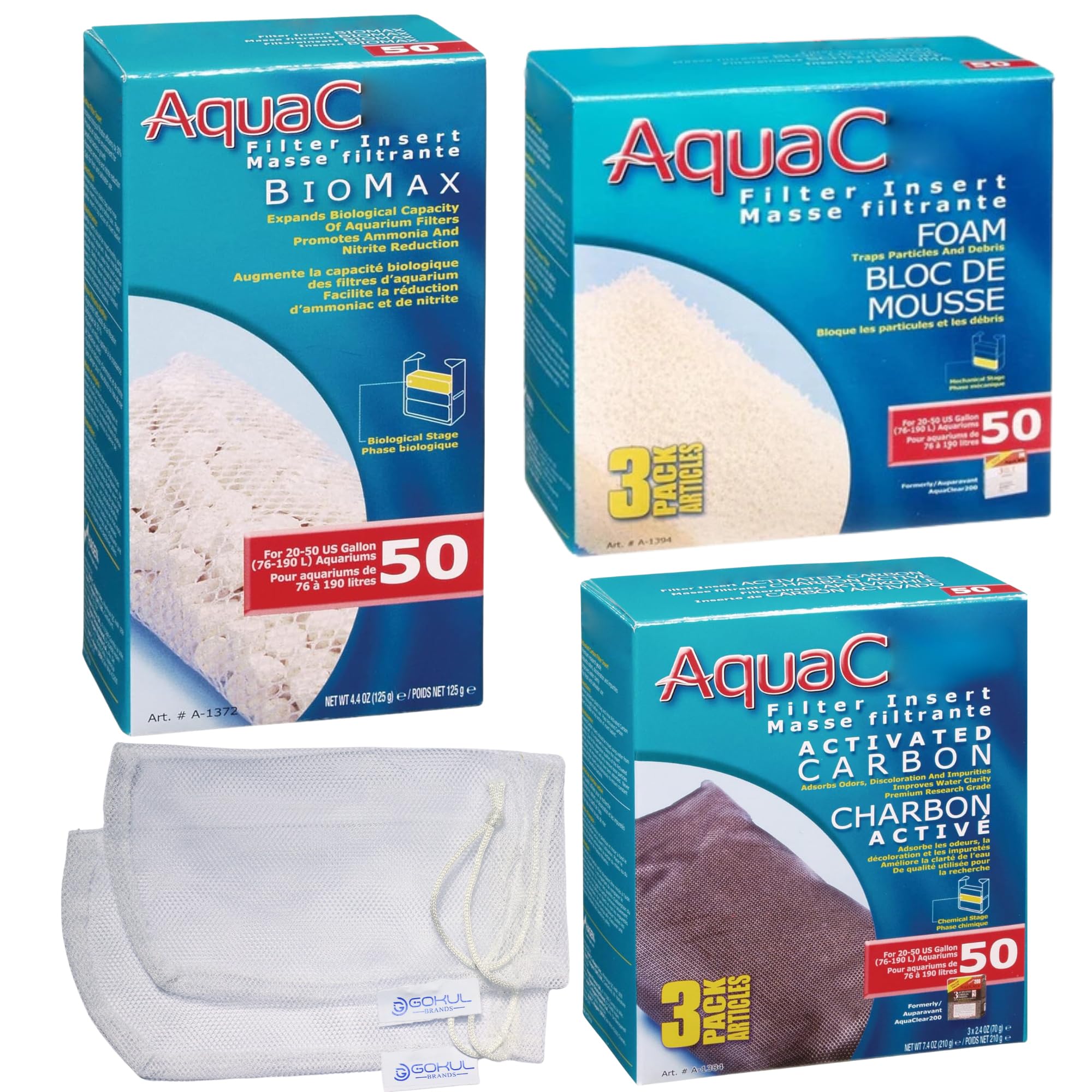 Gokul Brands Aquaclear 50 Hob Maintenance & Replacement Filter Media Kit, Including Gokul Brands Mesh Bags(Aquaclear Activated C