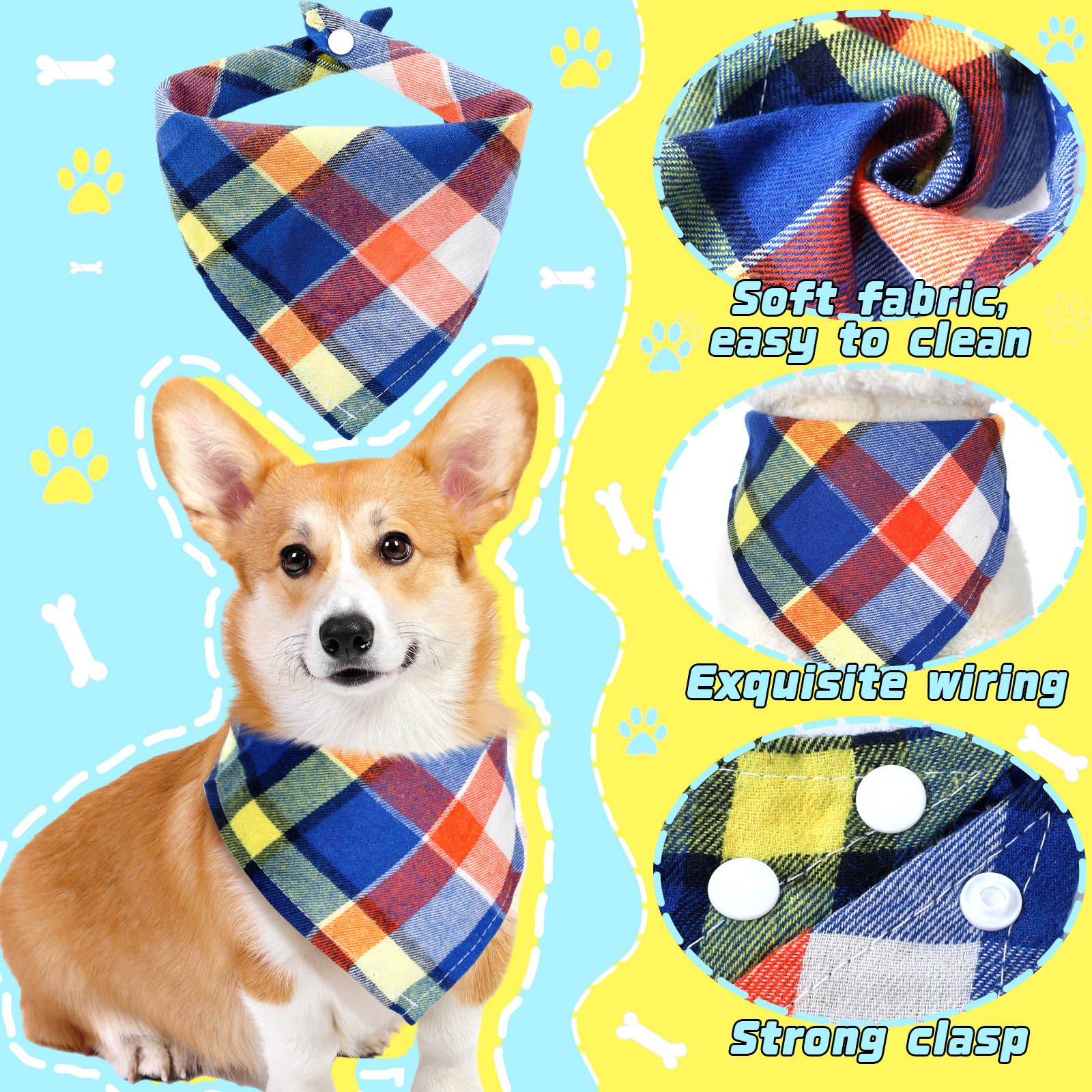 6 Pieces Triangle Dog Bandana Dog Scarf Plaid Printing Adjustable Bibs Scarf Washable Square Kerchief Bandana Set For Small To L