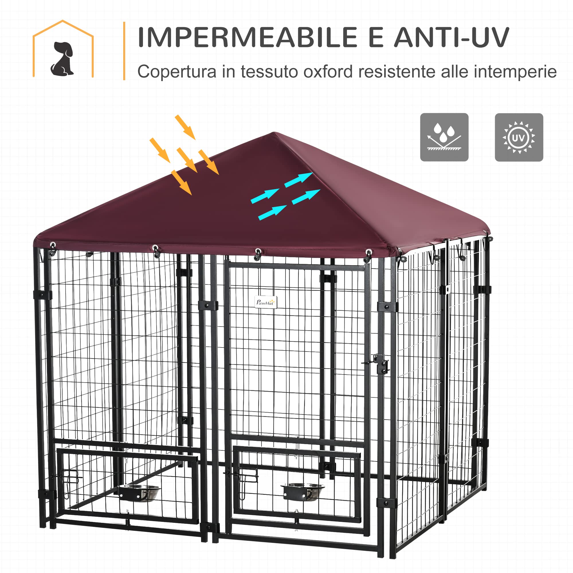 Pawhut Outdoor Dog Fence, Steel Pet Box With Lock, 2 Swivel Bowls And Oxford Fabric Cover, Kennel Black And Red
