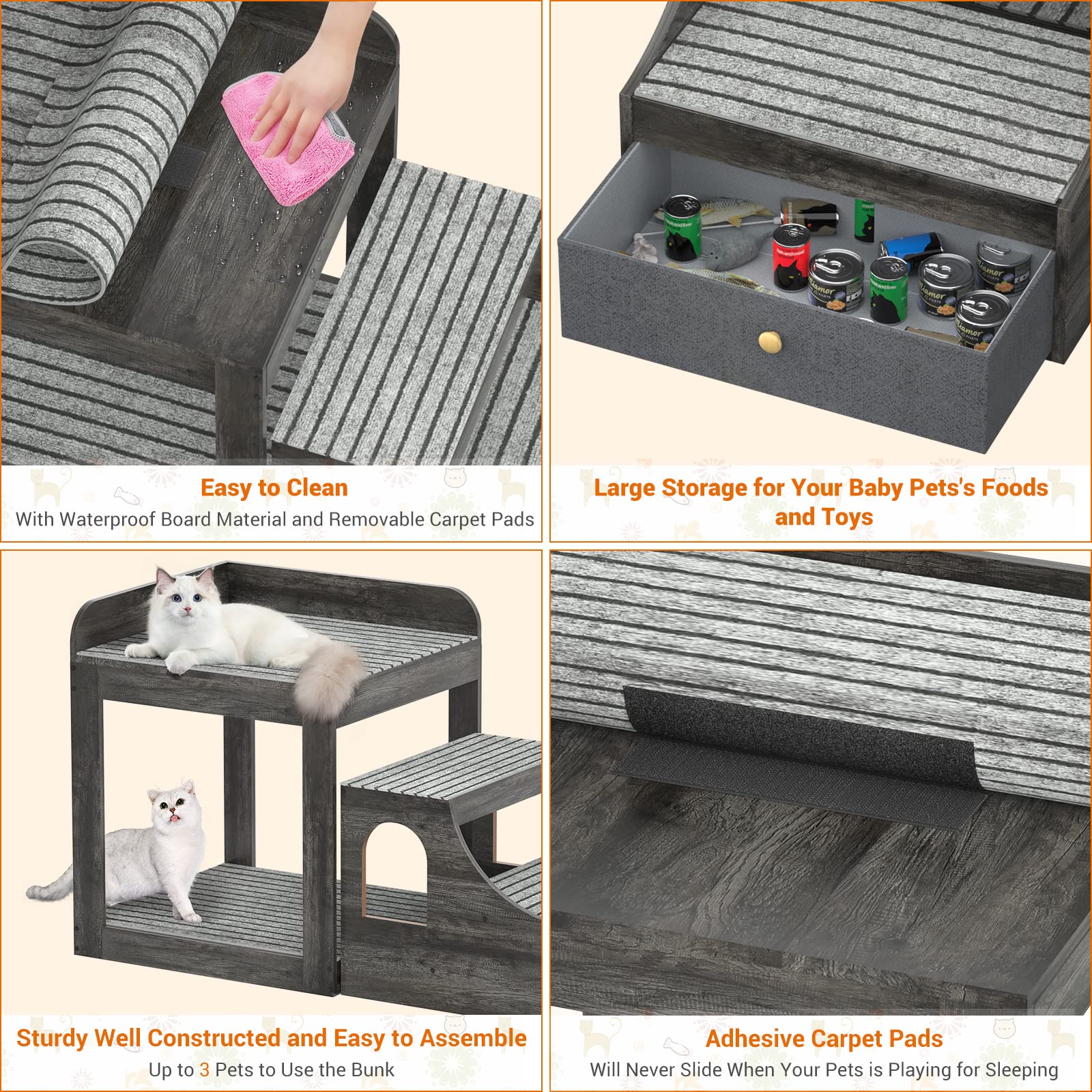 Cyclysio Super Large Multi-Level Pet Bunk Bed With Stairs, Mats, Drawers For Indoor Use, Grey