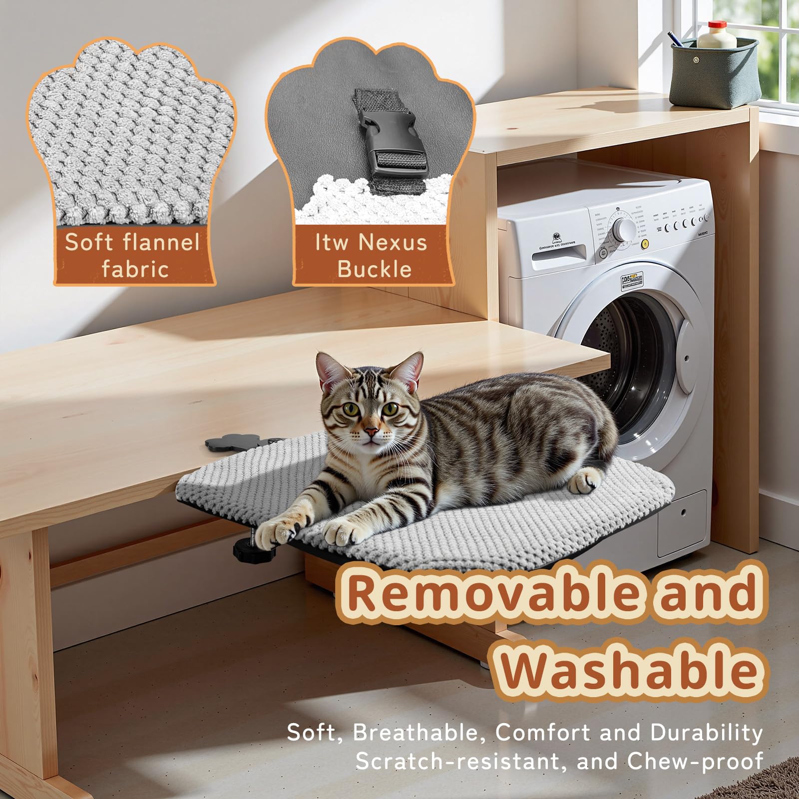 Cat Desk Bed-Sturdy Mounted Cat Hammock with Clamps, Soft Flannel Fabric, Supports Up to 44 lbs, Spacious Sleep Area Square Desk