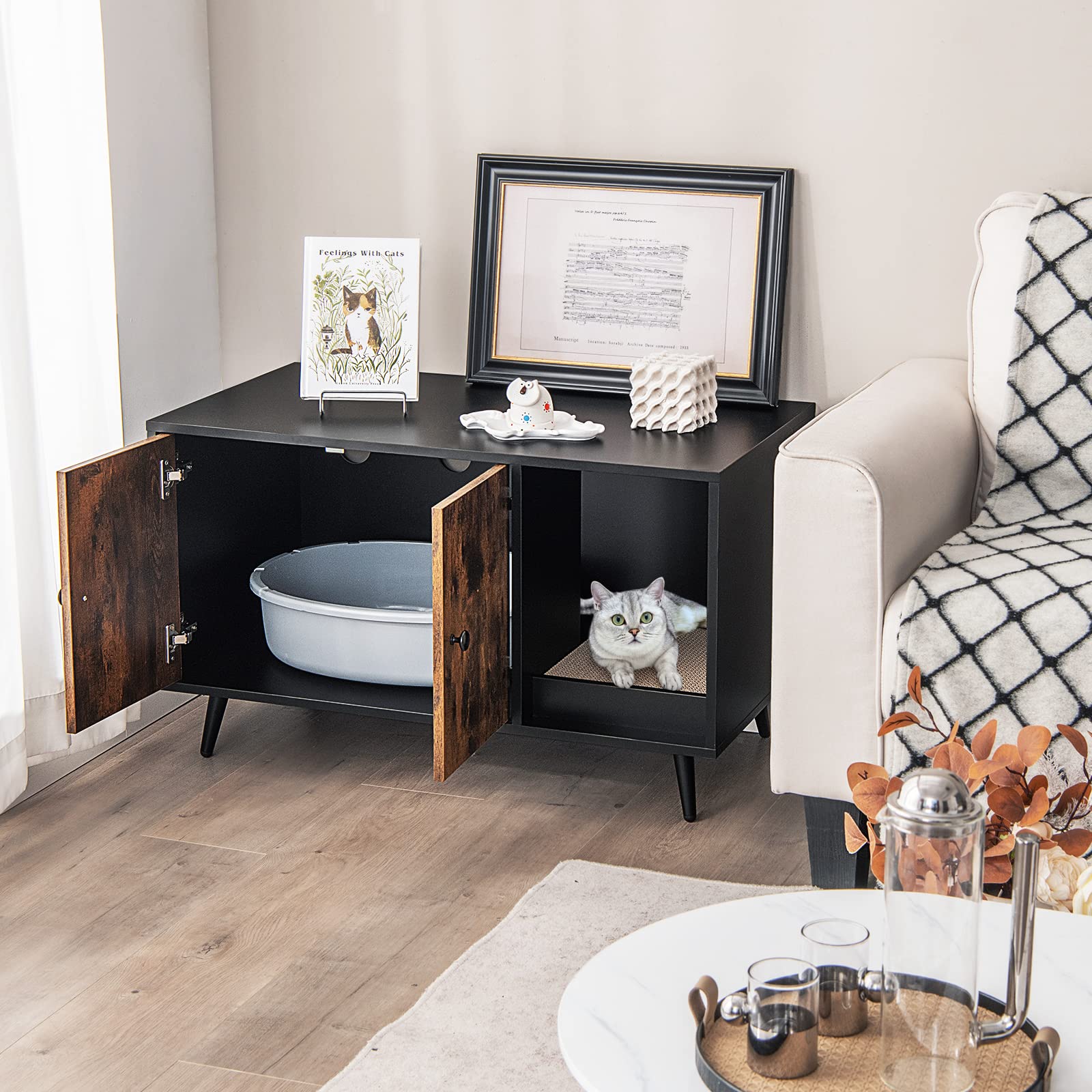 Petsite Litter Box Enclosure, Wooden Hidden Litter Box Furniture With Cabinet & Scratching Pad, Stackable Cat Washroom Pet House