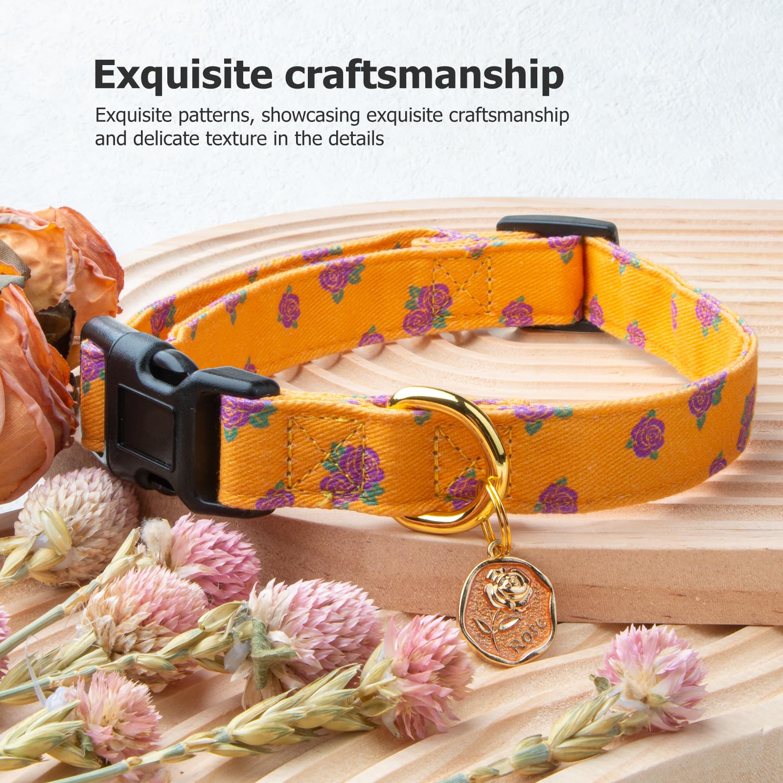 Cotton Handmade Dog Collar Cute And Distinctive Patterns Yellow Rose With Pendant For Girl Boy Dogs Collars L