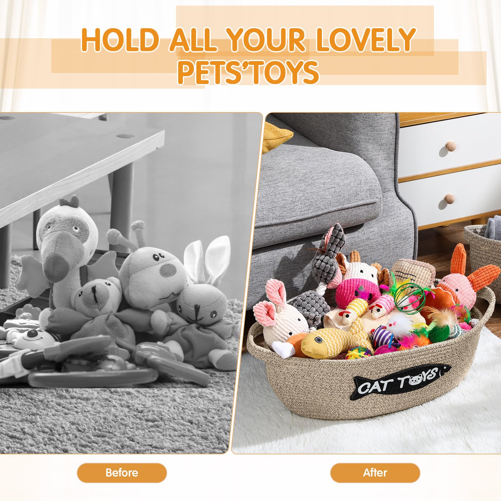 Teenyyou 2 Pcs Cat Toy Basket Multi-Size Chew Proof Cotton Rope Pet Interactive Toys Bin Storage Box Organizer For Cat Treats Cl