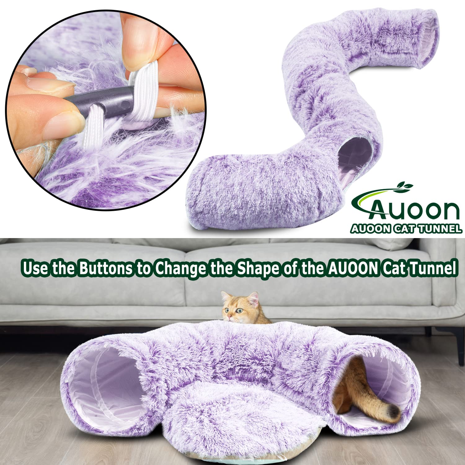Auoon Cat Tunnel Bed With Central Mat,Big Tube Playground Toys,Soft Plush Material,Full Moon Shape For Kitten,Cat,Puppy,Rabbit,Ferret (Purple)