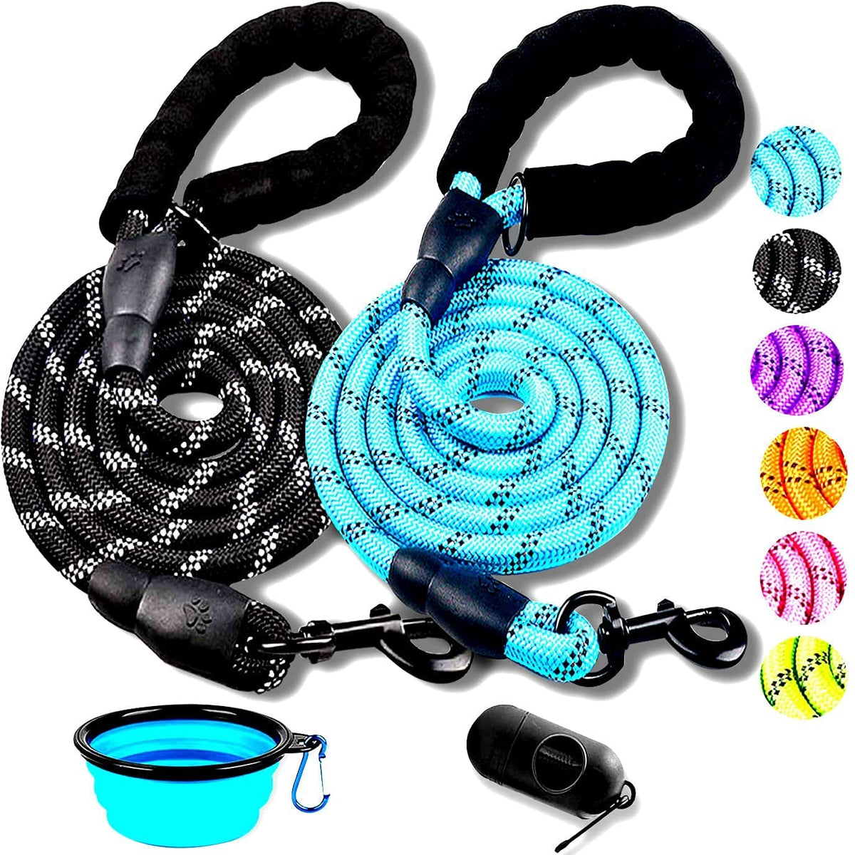 Doyoo 2 Pack Dog Leash 5/6 Ft Thick Durable Nylon Rope - Comfortable Padded Handle Reflective Rope Dog Leash For Medium Large Dogs With Collapsible Pet Bowl And Garbage Bags (5Ft Black+Blue)