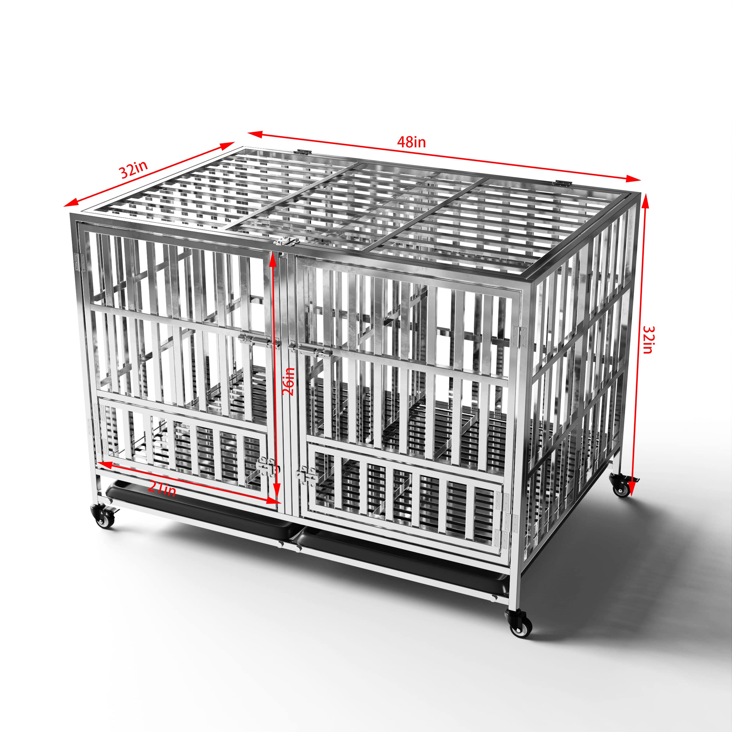 FoQualy Collapsible Stainless Steel Dog Crate, 30 37 42 48 Sizes, Lockable Wheel, with Tray, Stackable, Heavy Duty, Divider, Ind