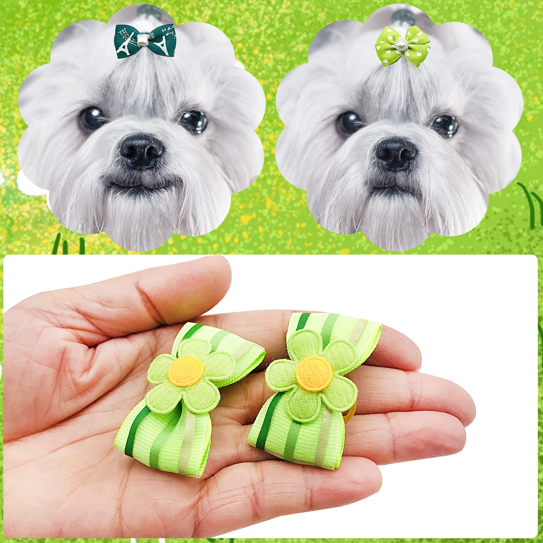 Jpgdn 30Pcs/15Pairs Green Dog Hair Bows With Rubber Bands Puppy Hair Bowknot Top Knot Elastic For Girl Female Doggy Cat Rabbit P