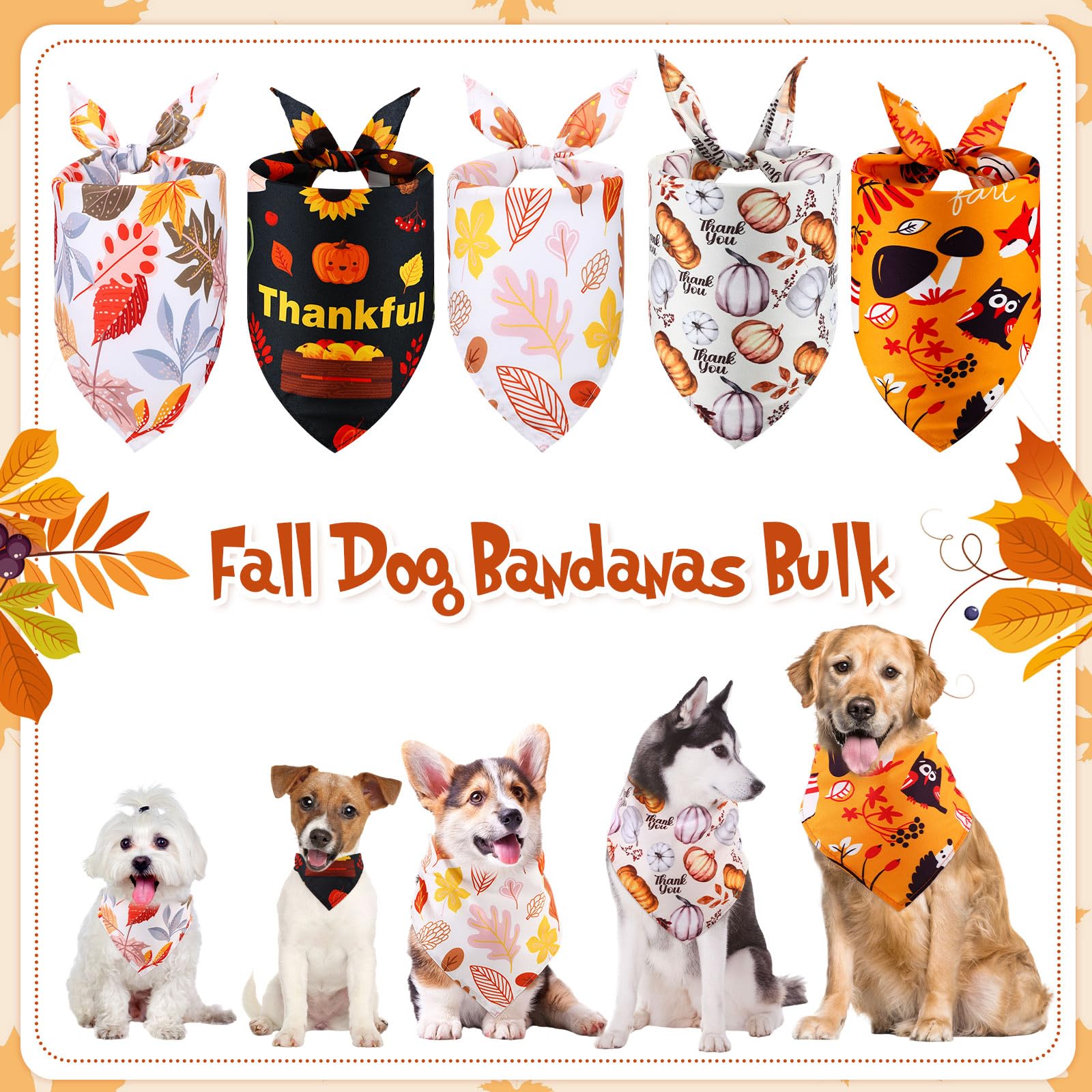 Lasnten 70 Pcs Fall Dog Bandanas Bulk Pumpkin Maple Leaves Bandana for Dogs Thanksgiving Pet Bibs Scarf for Small Medium Large A