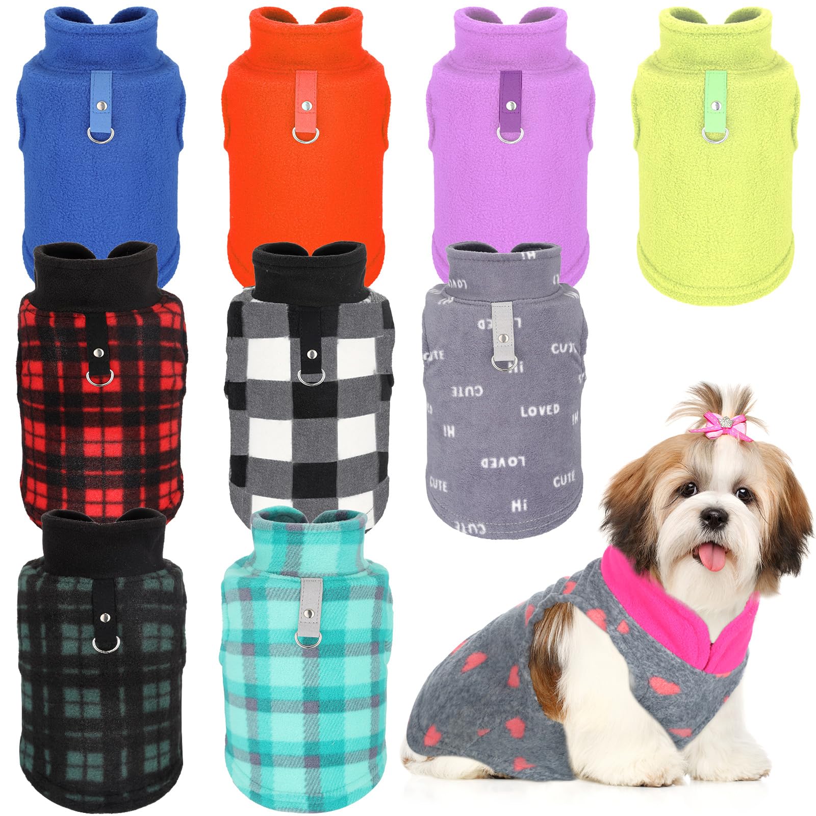Reginary 10 Pack Small Dog Sweaters Fleece Pet Dog Clothes With Leash Ring Soft Warm Winter Puppy Plaid Shirt(Bright)