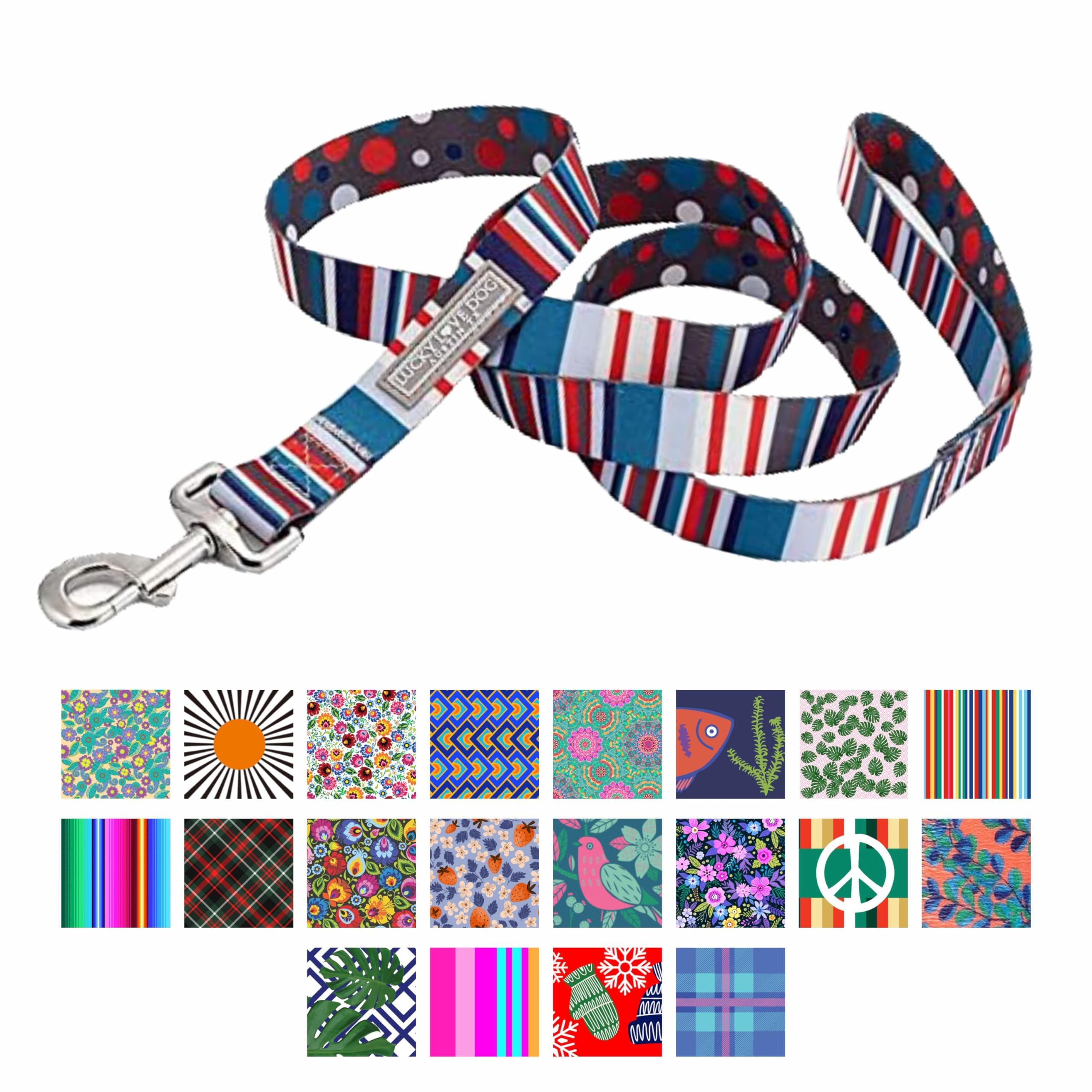 Lucky Love Nautical Polka Dot Blue Red White Striped Leash For Male Female Dogs - Durable & Long Lasting (Large, Linus Leash)