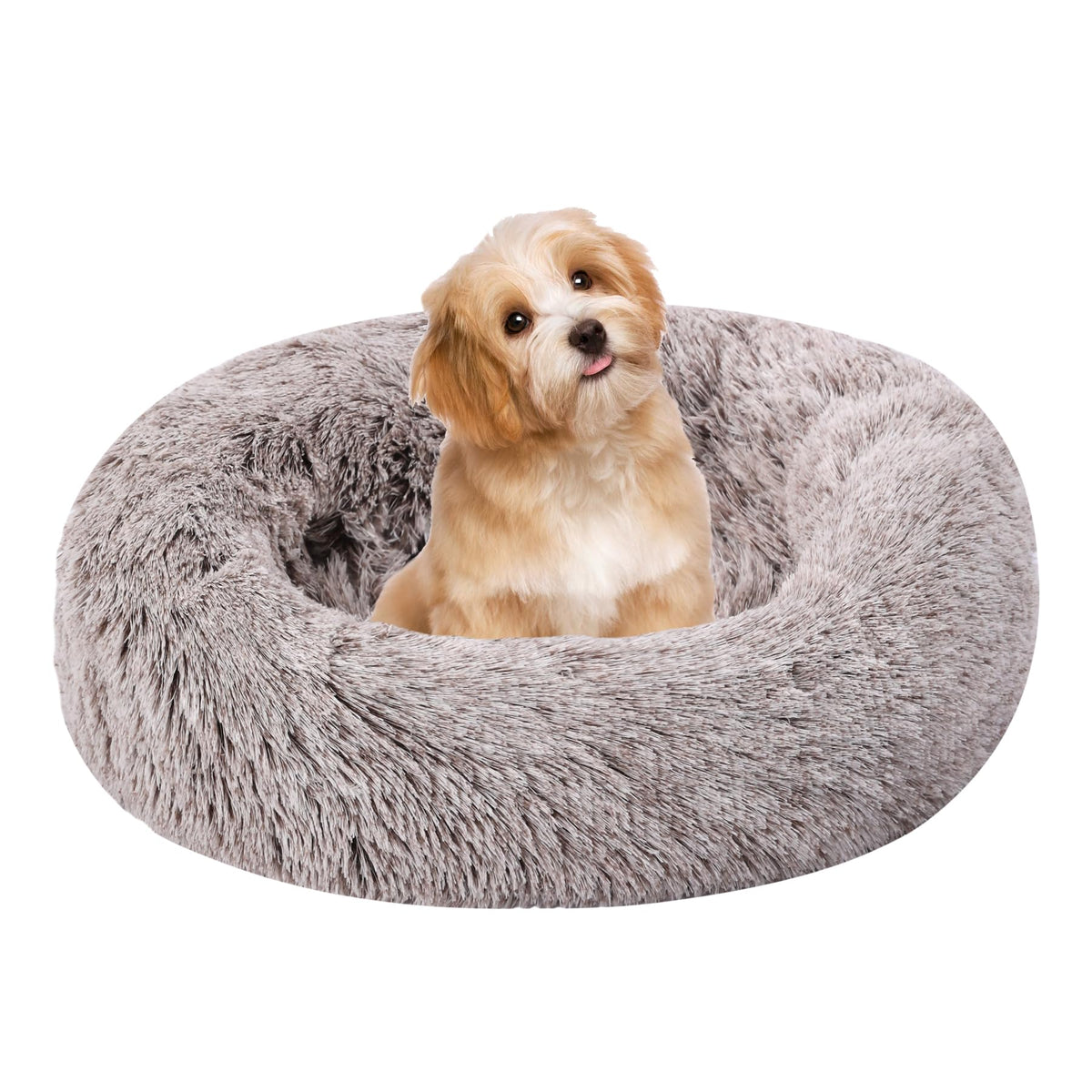 Calming Fluffy Donut Dog & Cat Bed - Washable, Anti-Anxiety, Non-Slip, Fits Up To 5 Lbs Pets (Coffee, 17'' X 17'')