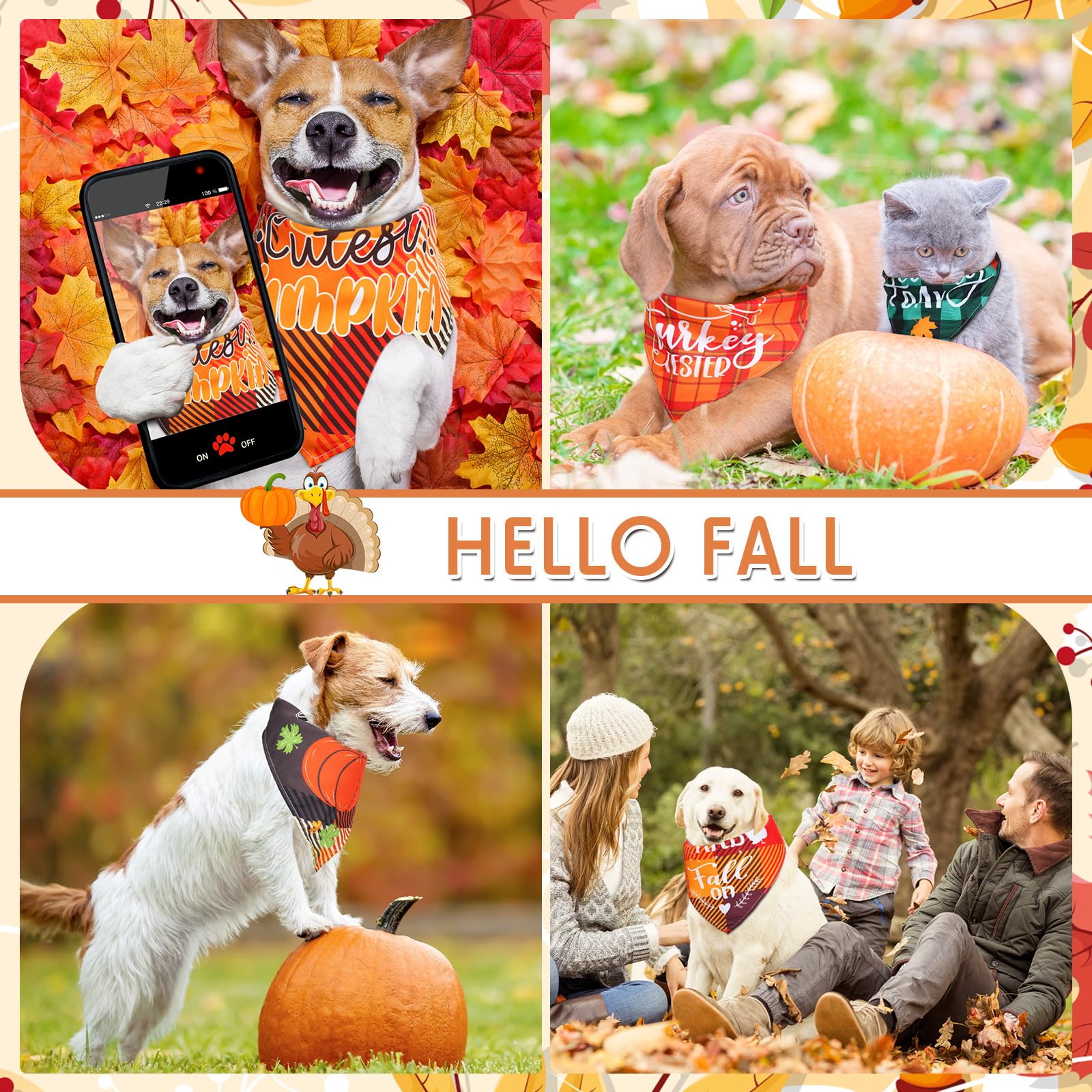 Silkfly 60 Pcs Fall Dog Bandanas Bulk Plaid Bandanas for Dogs Autumn Scarf Bibs Thanksgiving Adjustable Triangle Scarves Kerchie