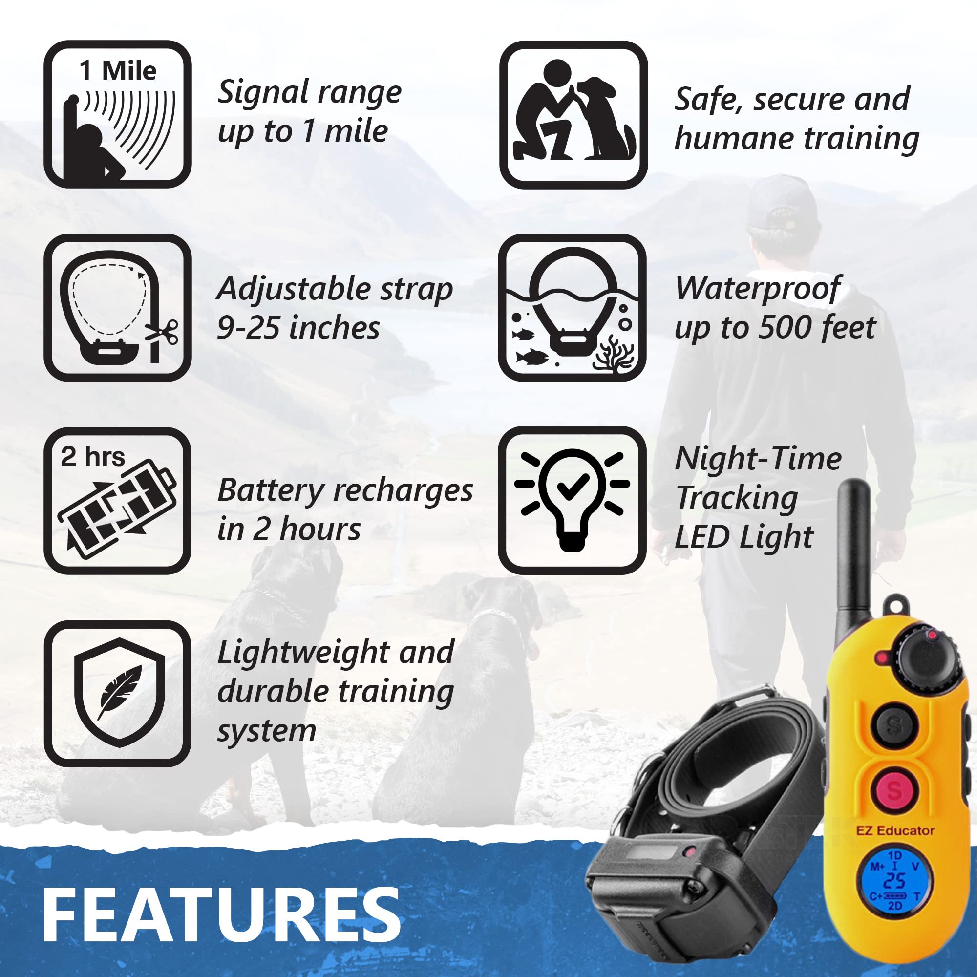 E-Collar Educator Ez-900-1/2 Mile Remote Waterproof Dog Trainer - Static, Vibration And Sound Stimulation Collar With Petstek Do