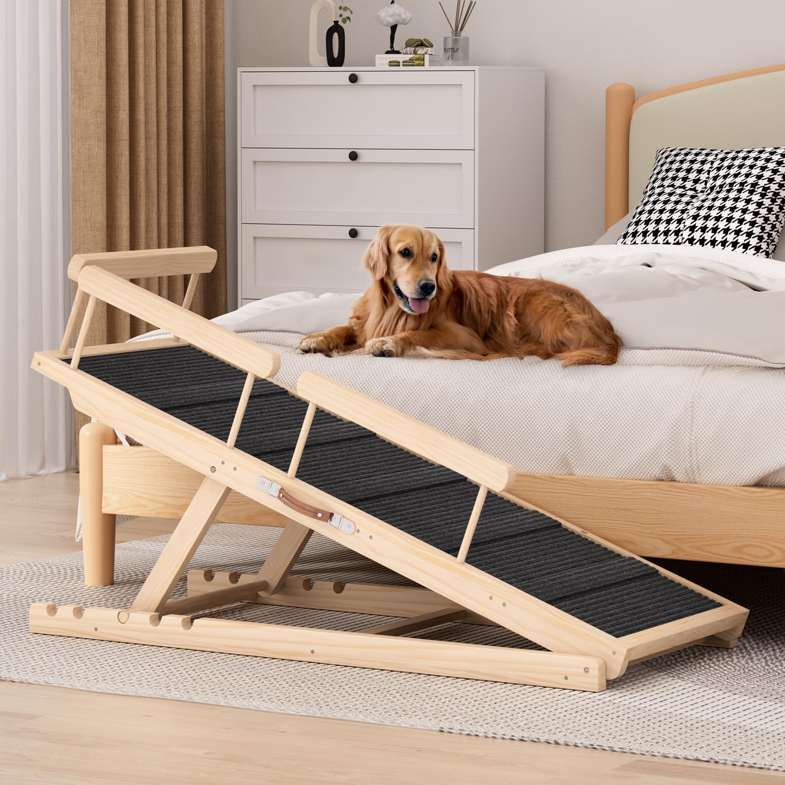 Chuiendi Dog Ramp for High Bed, Couch, Car, Pet Ramps 55.12 Long Adjustable 19.7-27.6 Wooden Dog Step with High Traction Mat & S