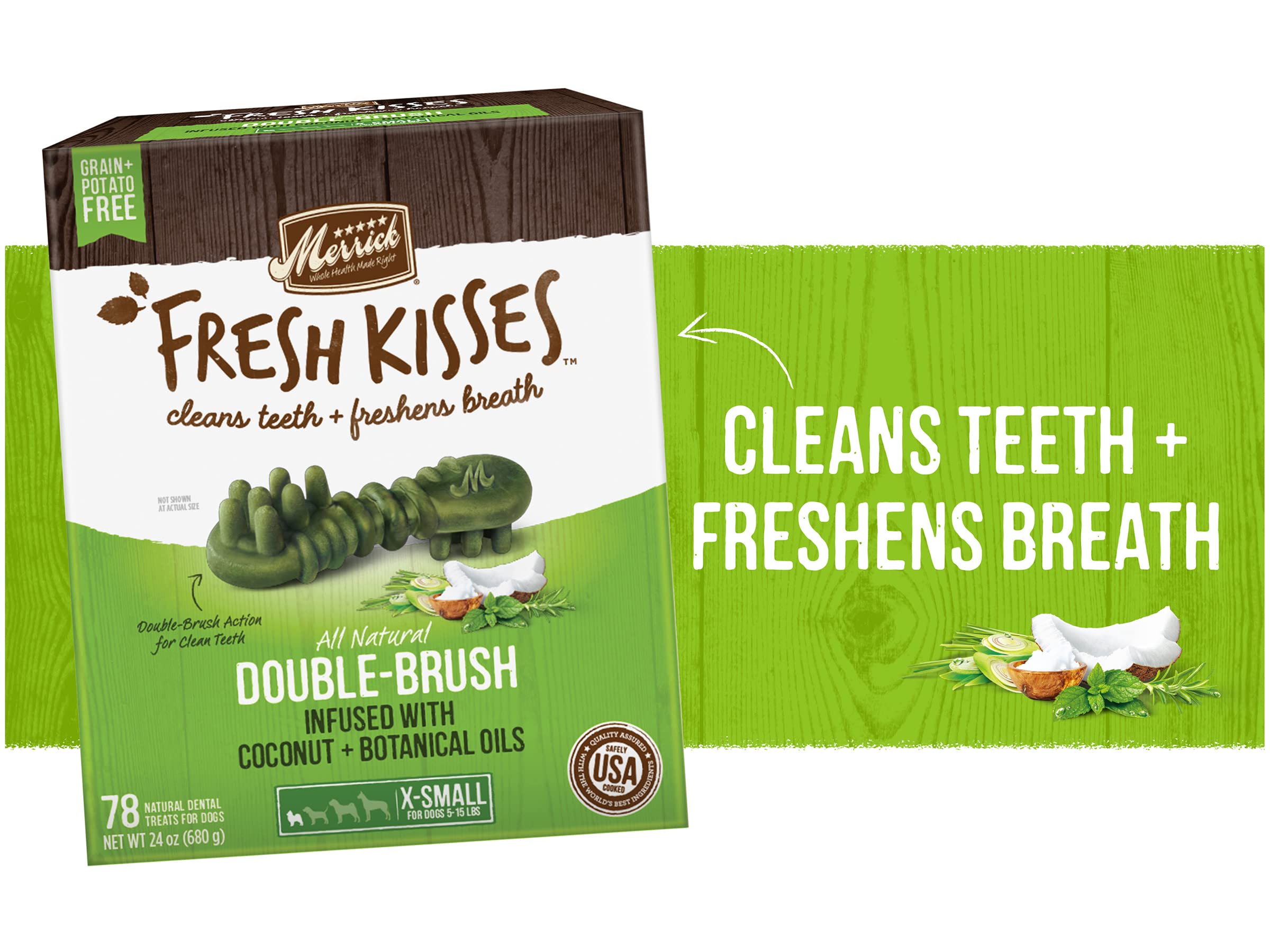 Merrick Fresh Kisses Double-Brush Dental Dog Treats, Infused with Coconut & Botanical Oils, Cleans & Freshens Breath for X-Small
