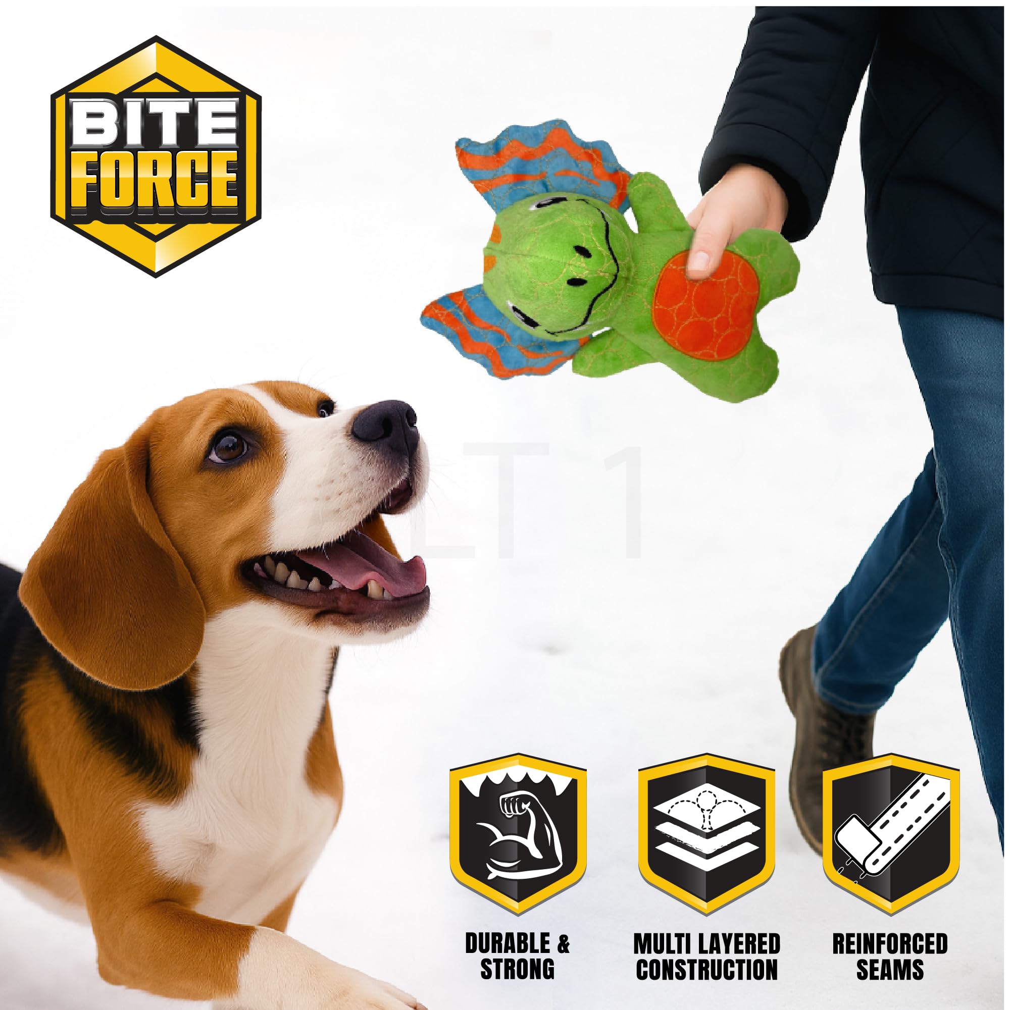 Bite Force - Durable & Strong Dog Toy Green Dino with Squeaker, Kevlar-Reinforced for Aggressive chewers.