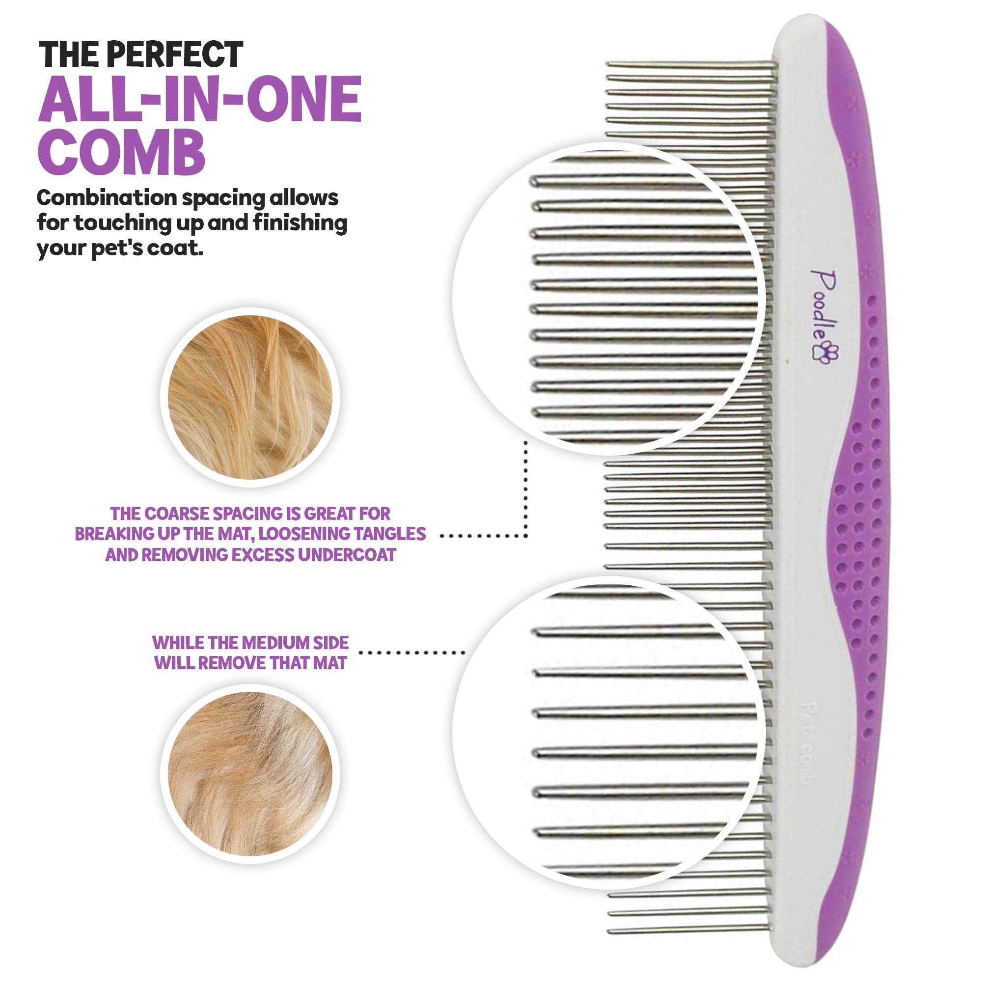 Poodle Pet Dog Combs For Grooming | 2 Pack | Stainless Steel Teeth Easily Remove Dirt | Proper Care Prevents Knots And Mats For Long And Short Haired Pets |Anti-Slip Comfort Grip Handle| Purple