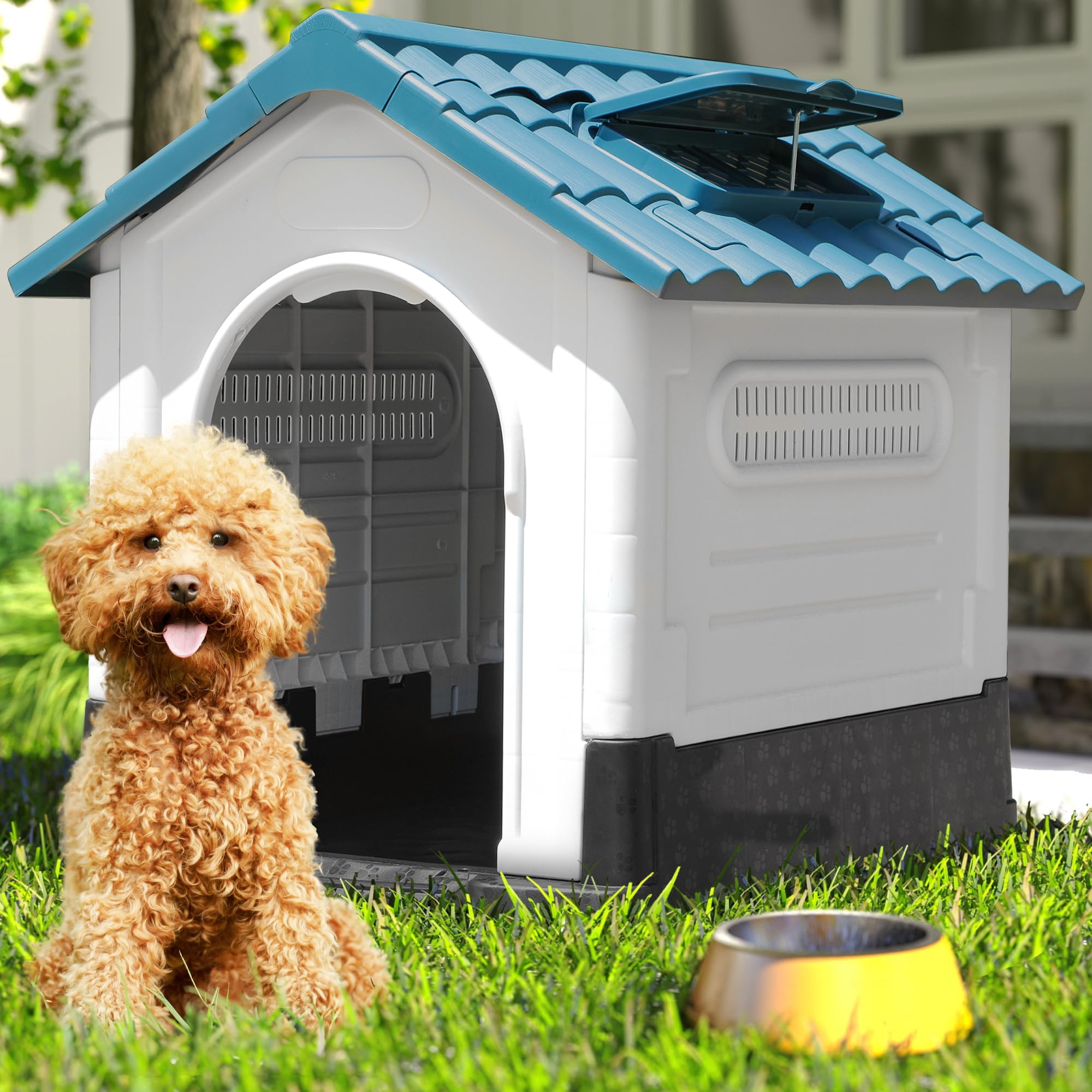 Dwvo 26.8'' Plastic Foldable Dog House For Small Dogs, Waterproof Folding Pet House With Adjustable Top Window And Elevated Base