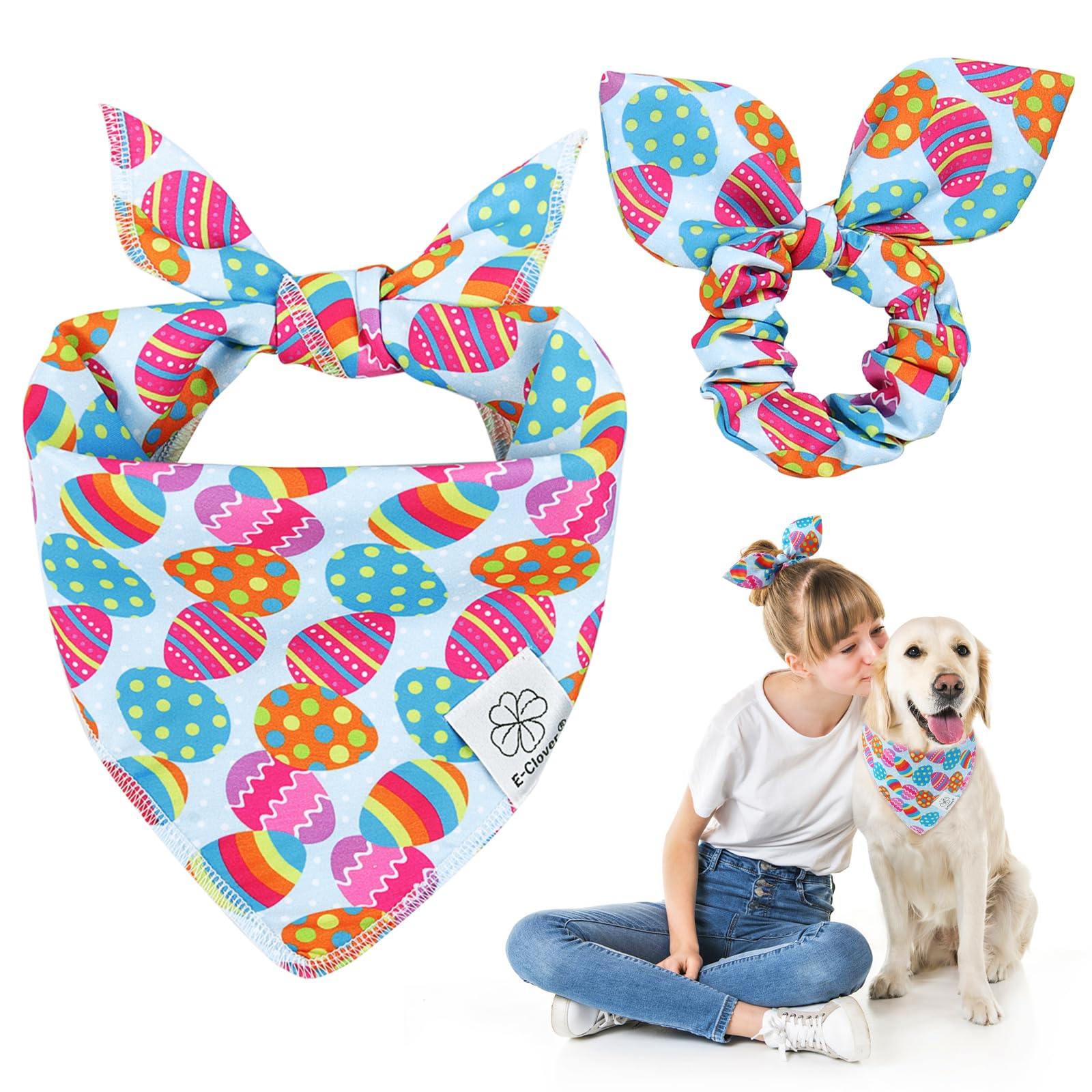 Easter Dog Bandana & Matching Scrunchie Set Egg Dog Bandanas Scarf With Bunny Hair Tie For Medium Large Dogs & Pet Owner Mom Gift