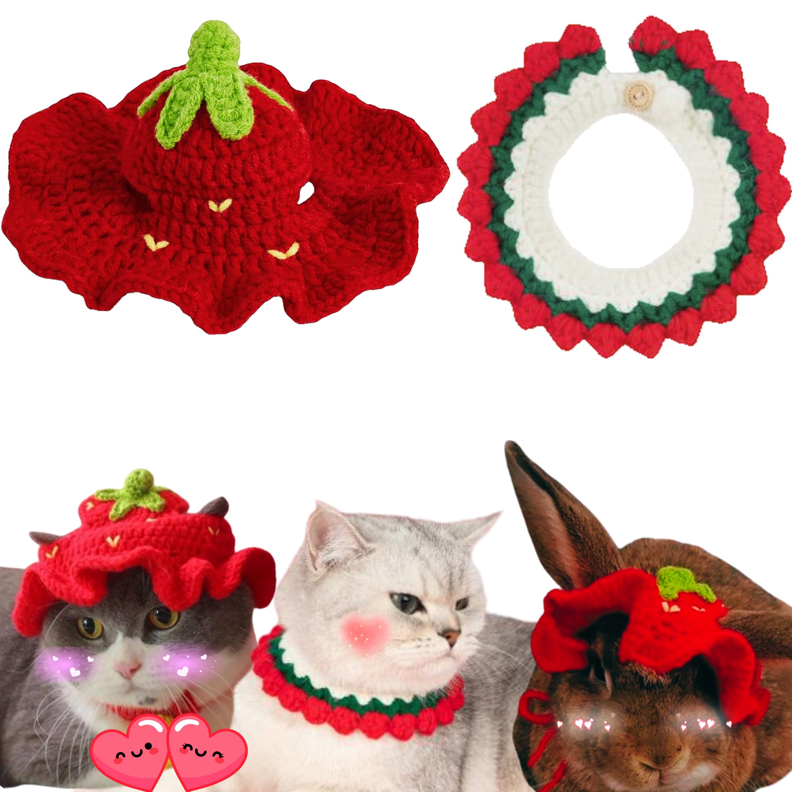 Cute Rabbit Knitted Hat and Collar Set, Bunny Hats and Necklace for Rabbits Guinea Pig Small Dog Cat, Hats for Pet Rabbits, Pet 