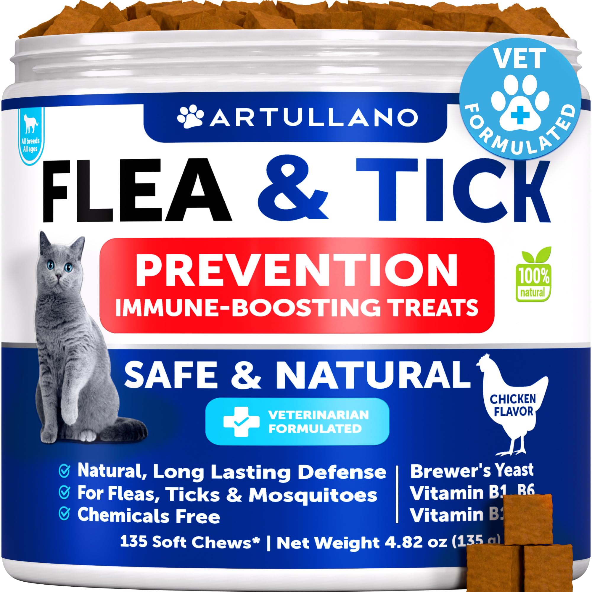 Flea Treatment for Cats - Natural Flea and Tick Prevention Supplement for Cats, Kittens - Chewable Daily Oral Pills with Vitamin