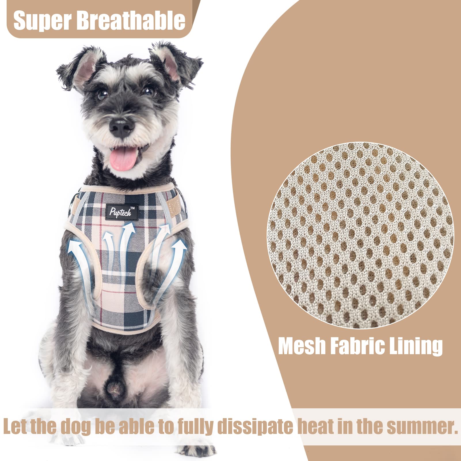 Pupteck Dog Harness And Leash Collar Set For Small Dogs Fully Adjustable No Pull Reflective Puppy Cat Soft Mesh Plaid Harnesses, Beige M
