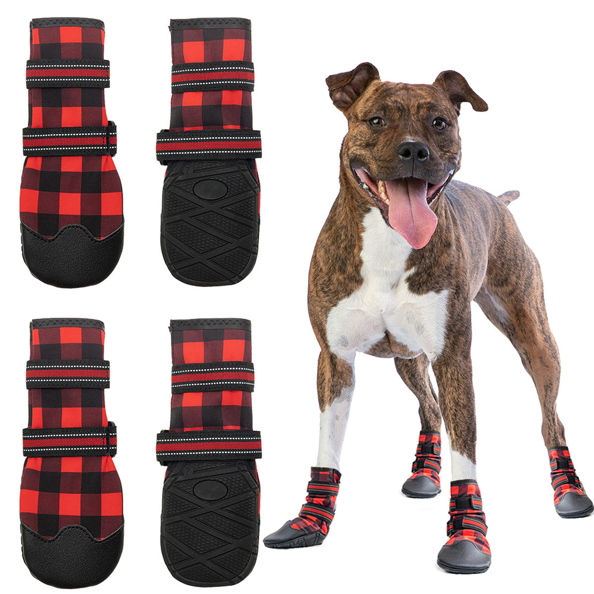 Flystar Dog Shoes For Medium Large Dogs, Waterproof Anti-Slip Rain/Snow Winter Warm Outdoor Dog Boots, Adjustable Reflective Rubber Sole Paw Protector Dog Shoes For Running Hiking Walking,Etc.