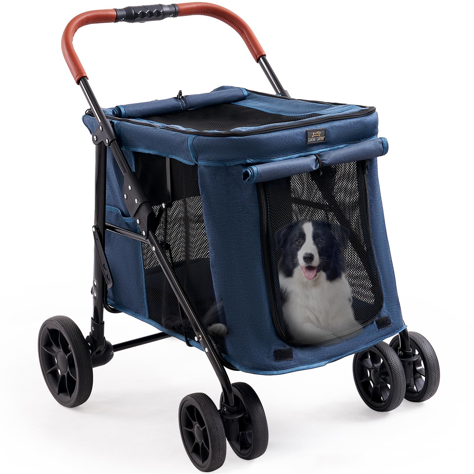 Canine Canyon Upgraded 4 Wheels Pet Stroller For Small/Medium Dogs- One Button Fold, Adjustable Mesh Windows And Shades, 360 Swi
