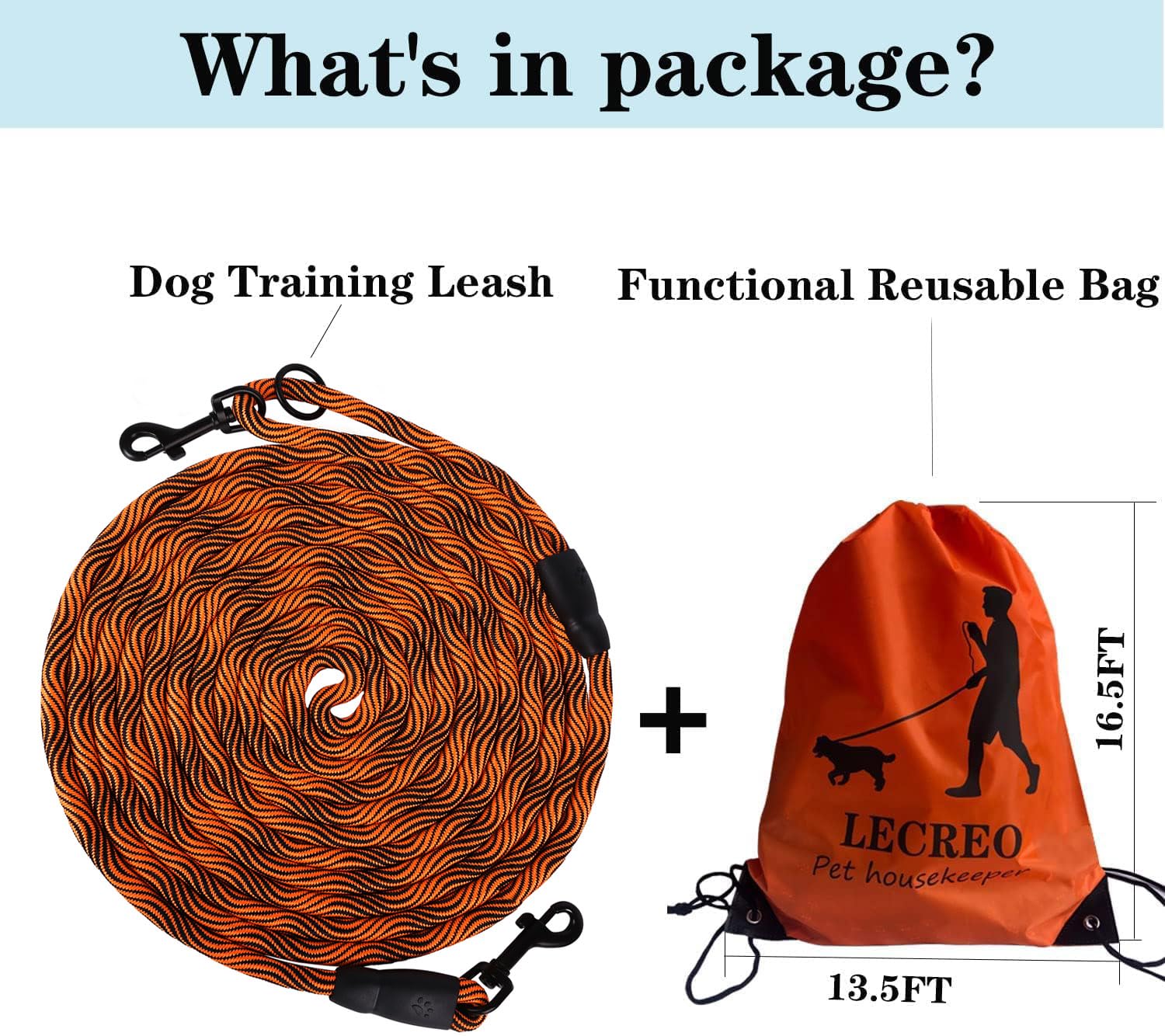 Lecreo Long Dog Leash 15Ft/30Ft/50Ft, Orange, Wave Pattern, 3/8 Inch, Suitable For Small/Medium/Large Dogs, Durable Nylon & Allo