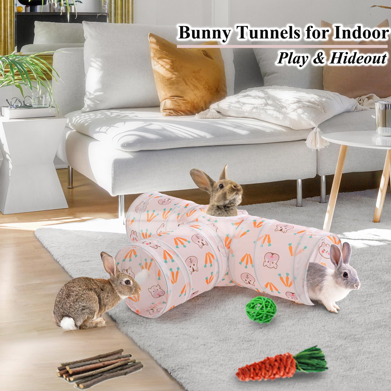 Hercocci Rabbit Toys, Bunny Tunnels & Tubes, Collapsible 3 Way Rabbit Hideout Tunnel With Chew Toys For Bunny Guinea Pig Ferret