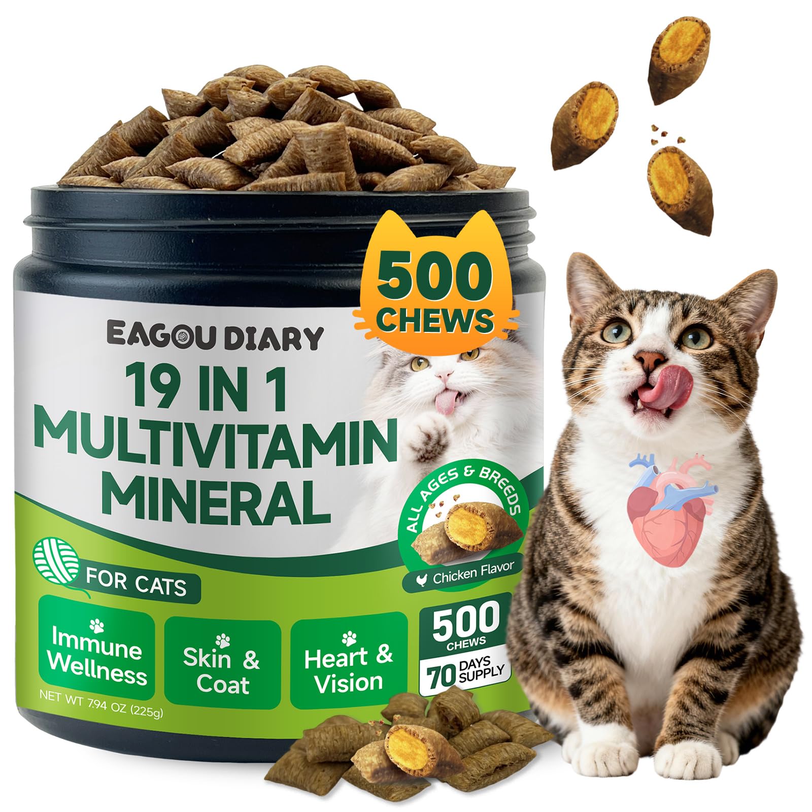 Taurine for Cat Vitamins Treat - 70 Days Supply Cat Multivitamin for Cats, Supports Feline Heart & Vision, Skin Coat, Joint, Imm