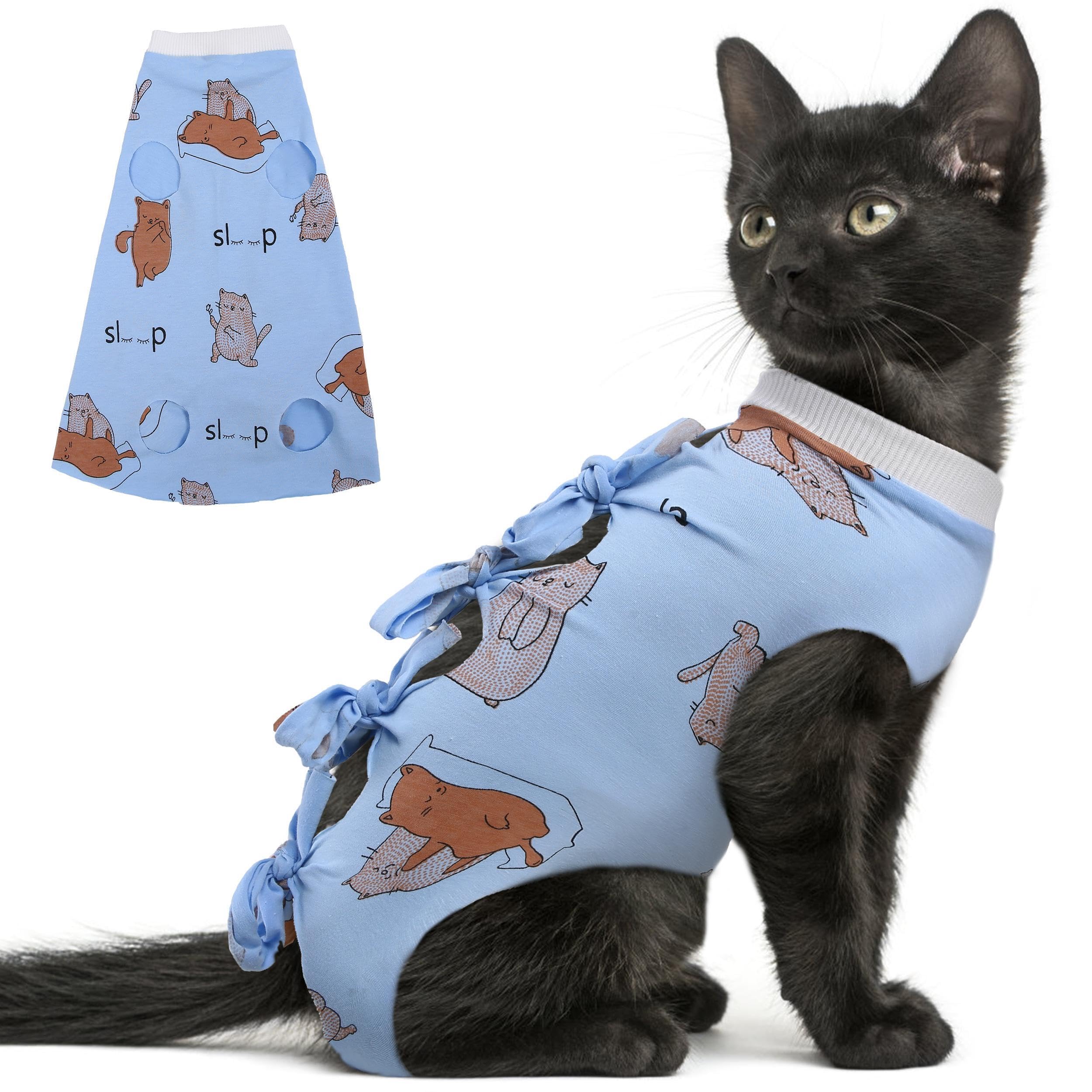 Pumyporeity Cat Recovery Suit After Surgery, Cat Onesie For Cats After Surgery, Cat Surgical Recovery Suit Female, Kitten Recovery Suit For Neutered/Abdominal Wound/Skin Damage/Weaning, M, Blue