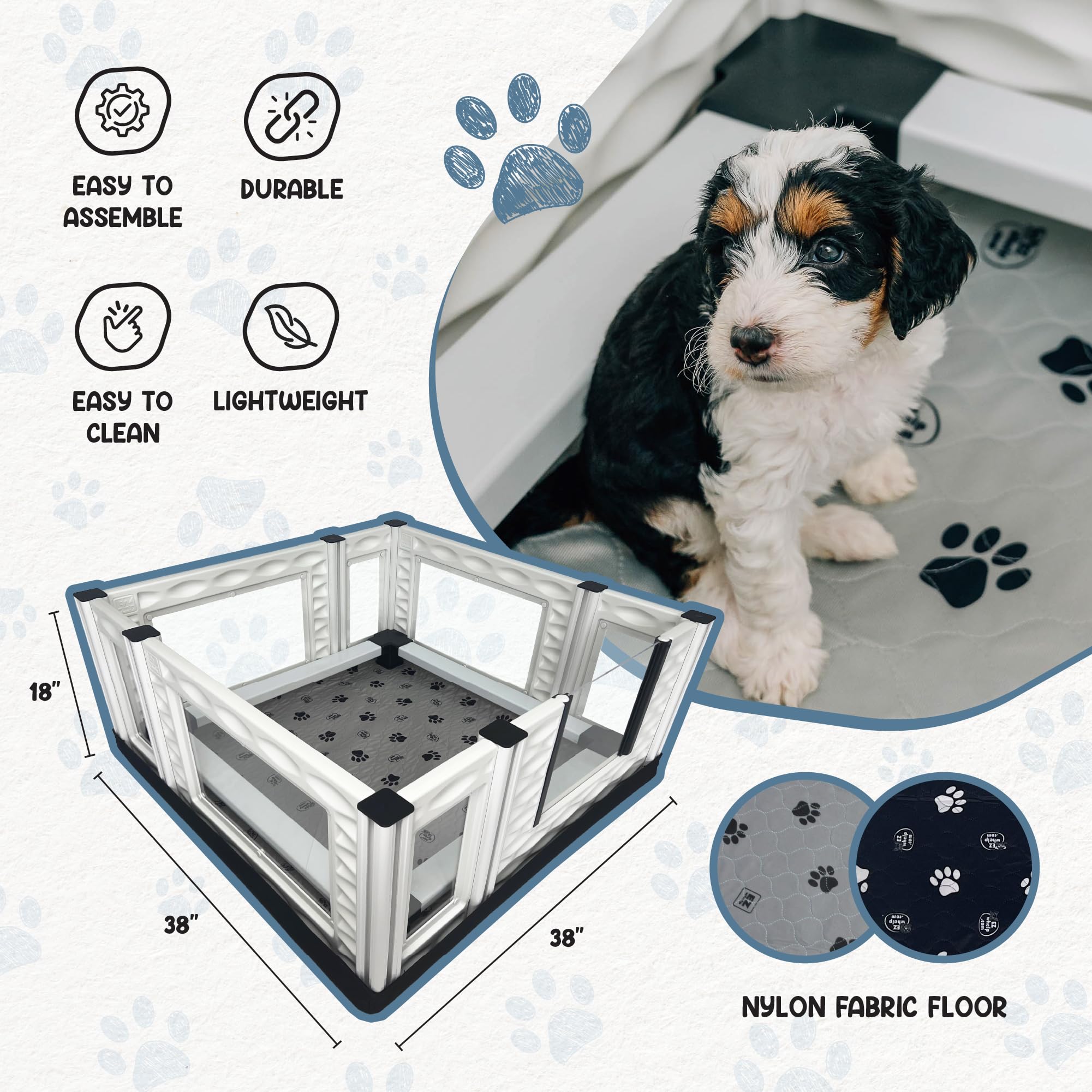 Ezwhelp Ezclassic 38''X38''X18'' Whelping Box With Rails And Windowed Walls, Padded Dog Whelping Box, Gray Pad