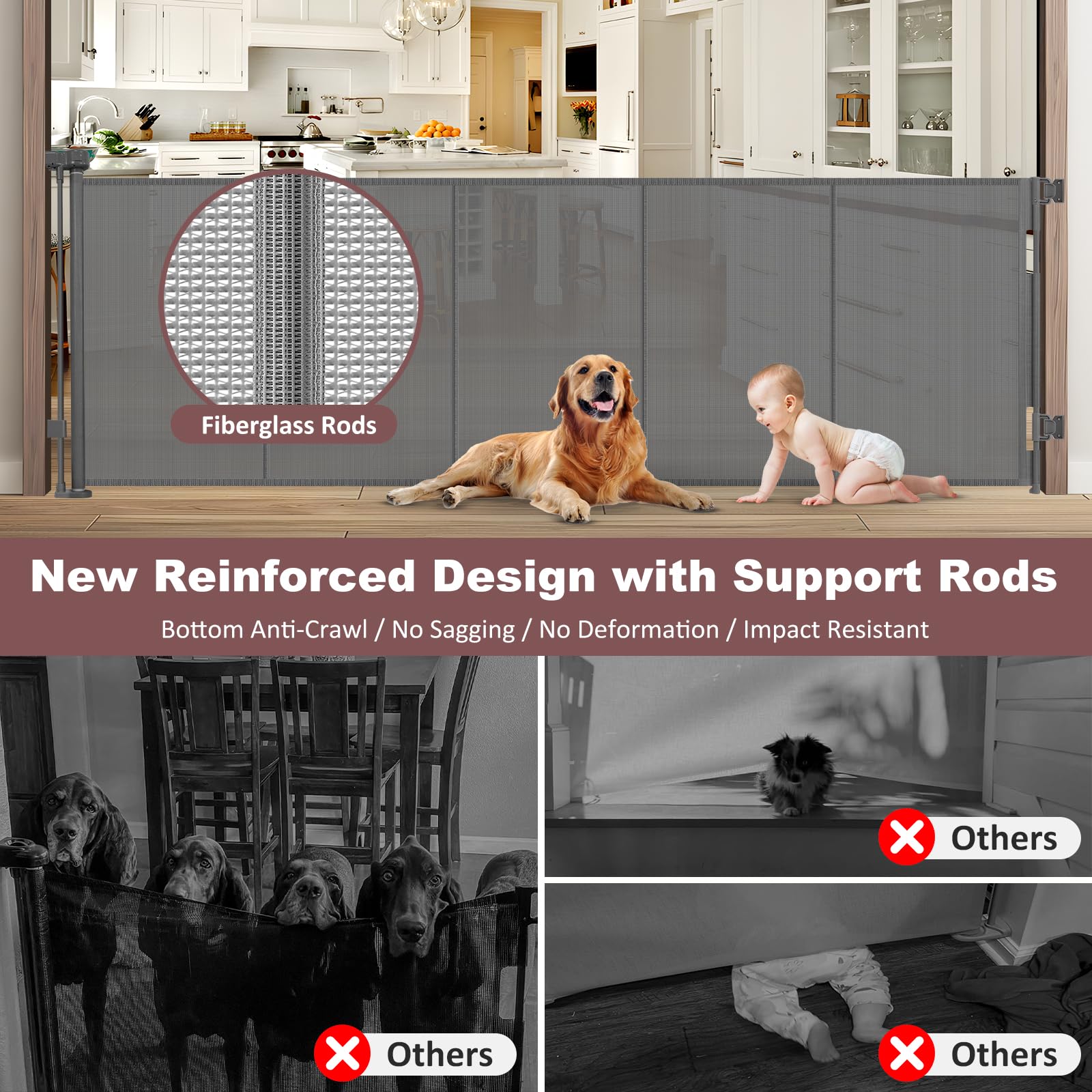 Reinforced 41'' Extra Tall Pet Gate 100'' Extra Wide Retractable Baby Gate with Support Rods, Indoor Large Baby Gate Mesh Dog Ga