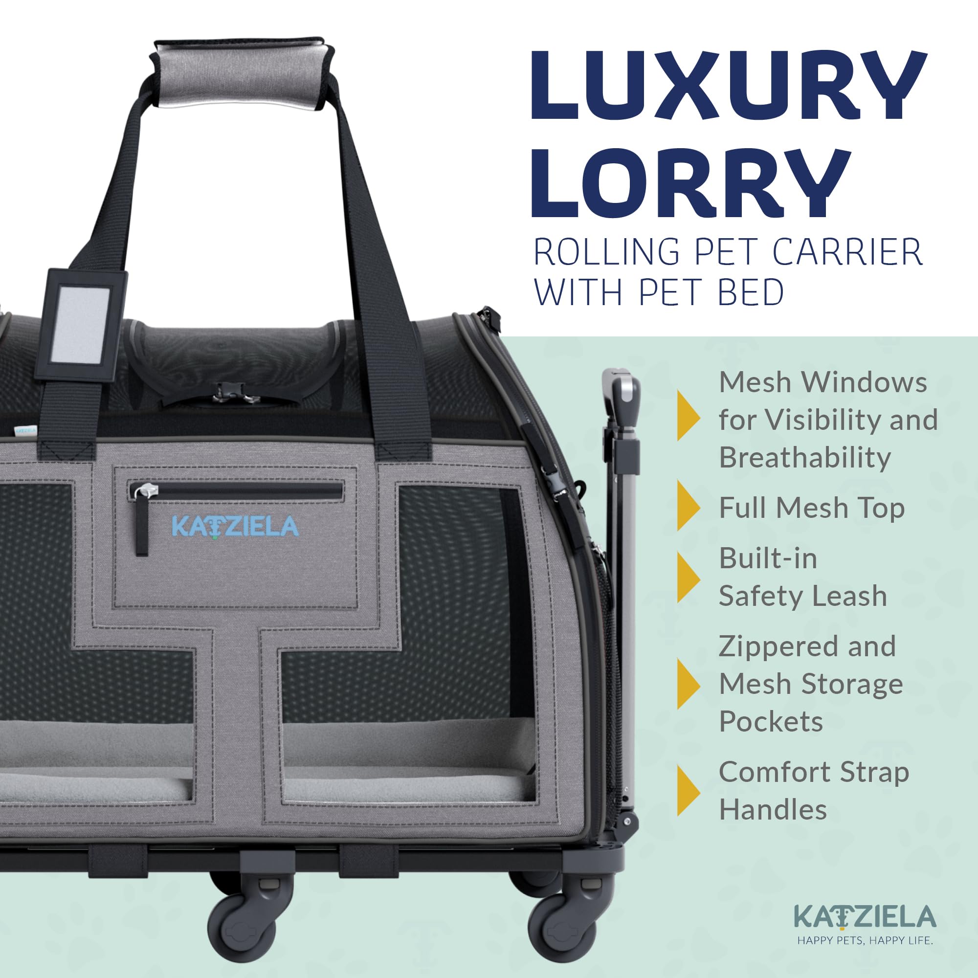 Katziela Airline Approved Pet Carrier - Rolling Portable Travel Carry Crate For Small Dog, Puppy Or Cat - Soft Removable Wheeled