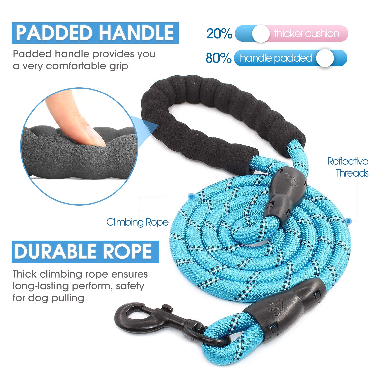Baapet 2/4/5/6 Ft Dog Leash With Comfortable Padded Handle And Highly Reflective Threads For Small Medium And Large Dogs (5Ft-1/2'', Blue)