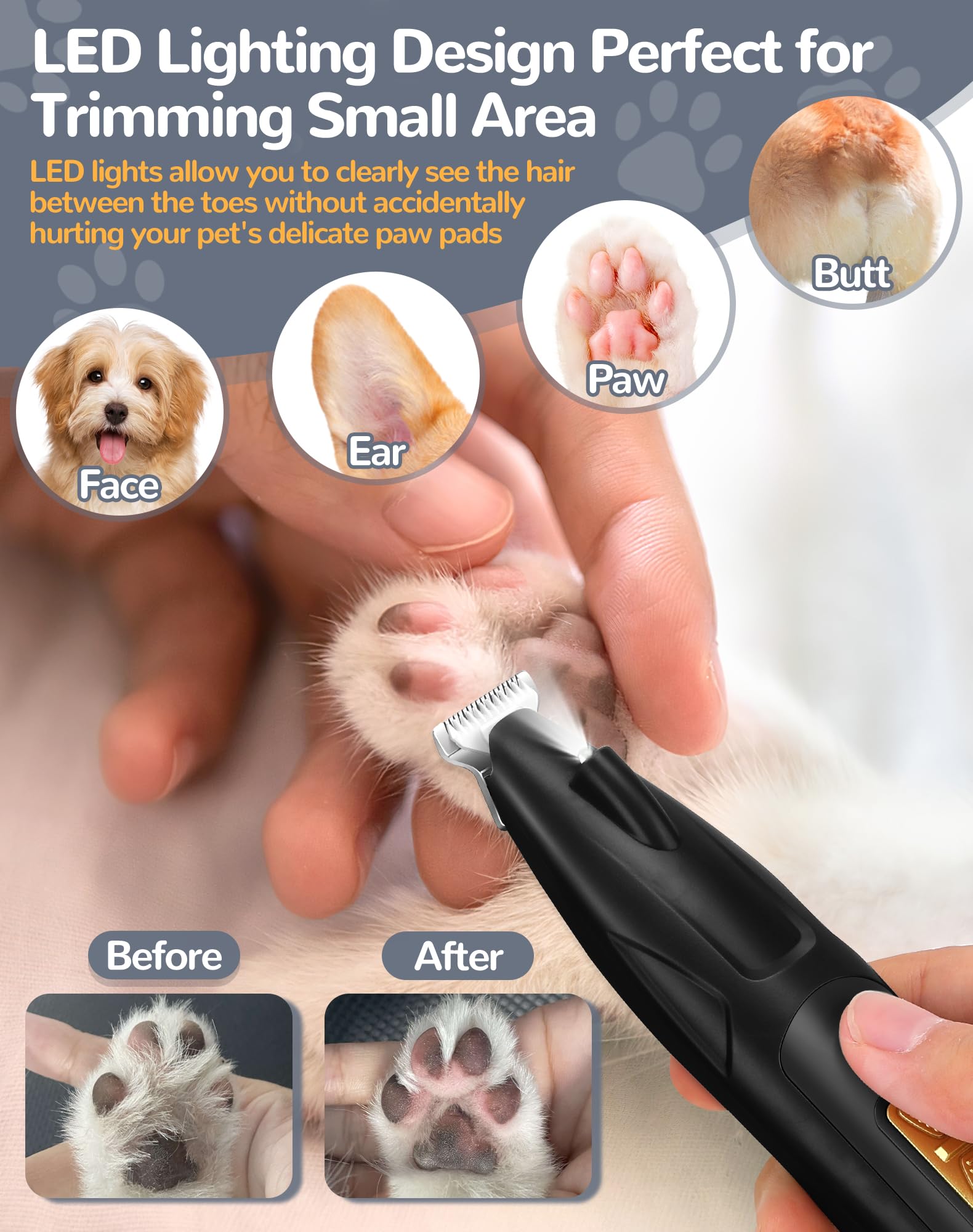 LEYOUFU Dog Clippers for Grooming, 2 Speed Dog Paw Trimmer with LED Light, Rechargeable Low Noise Pet Shaver for Trimming Dogs C